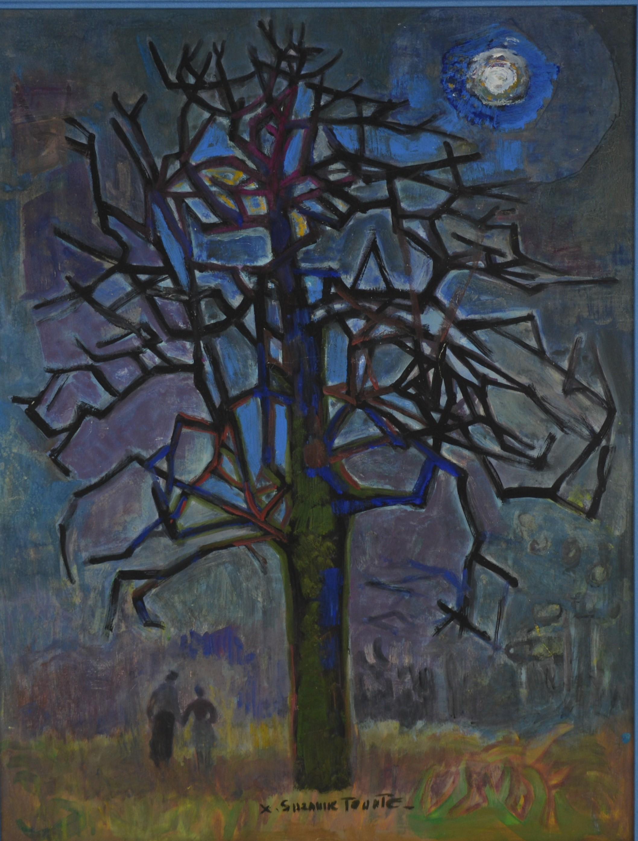 Pear Tree under the Moon – Painting von Suzanne Tourte