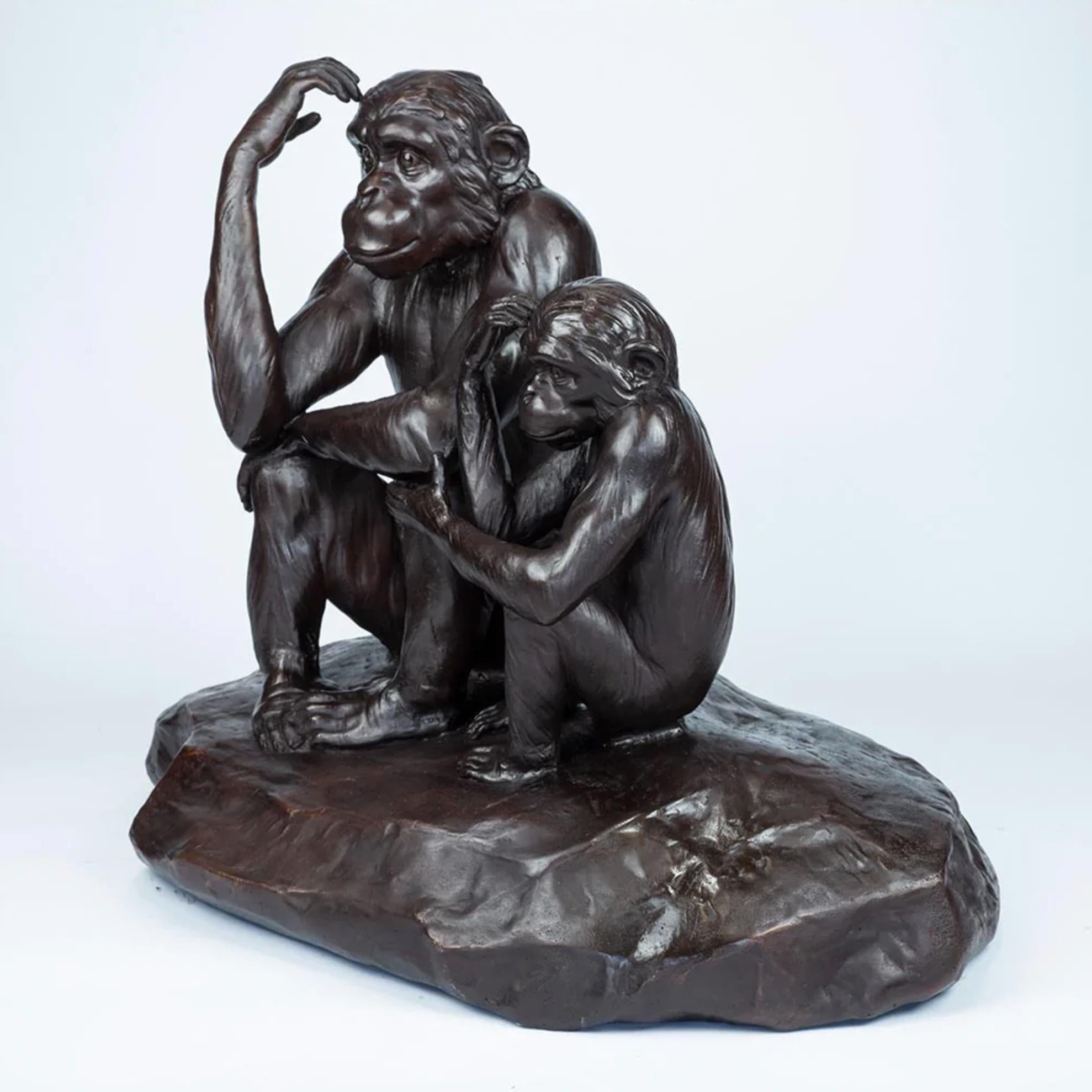 Authentic Bronze Chimp Imitation Medium Sculpture by Gillie and Marc  - Contemporary Art by Gillie and Marc Schattner