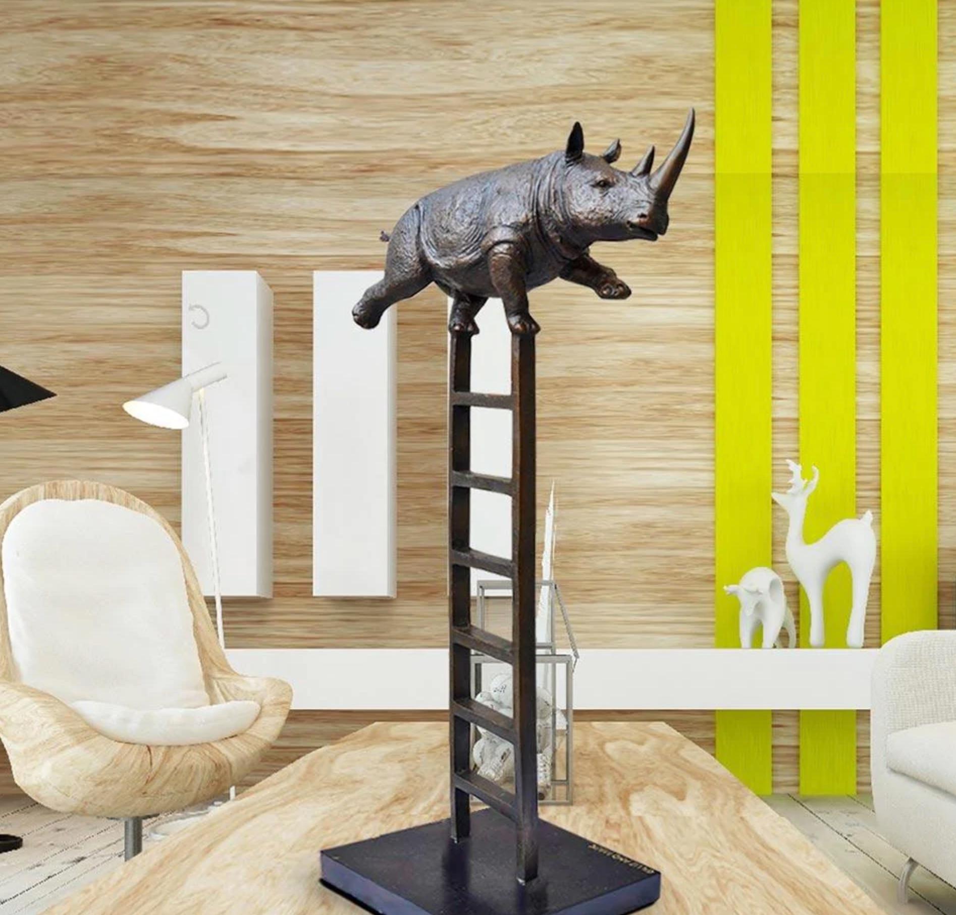 Gillie and Marc Schattner Figurative Sculpture - Authentic Bronze Rhino reaches new heights Sculpture by Gillie and Marc