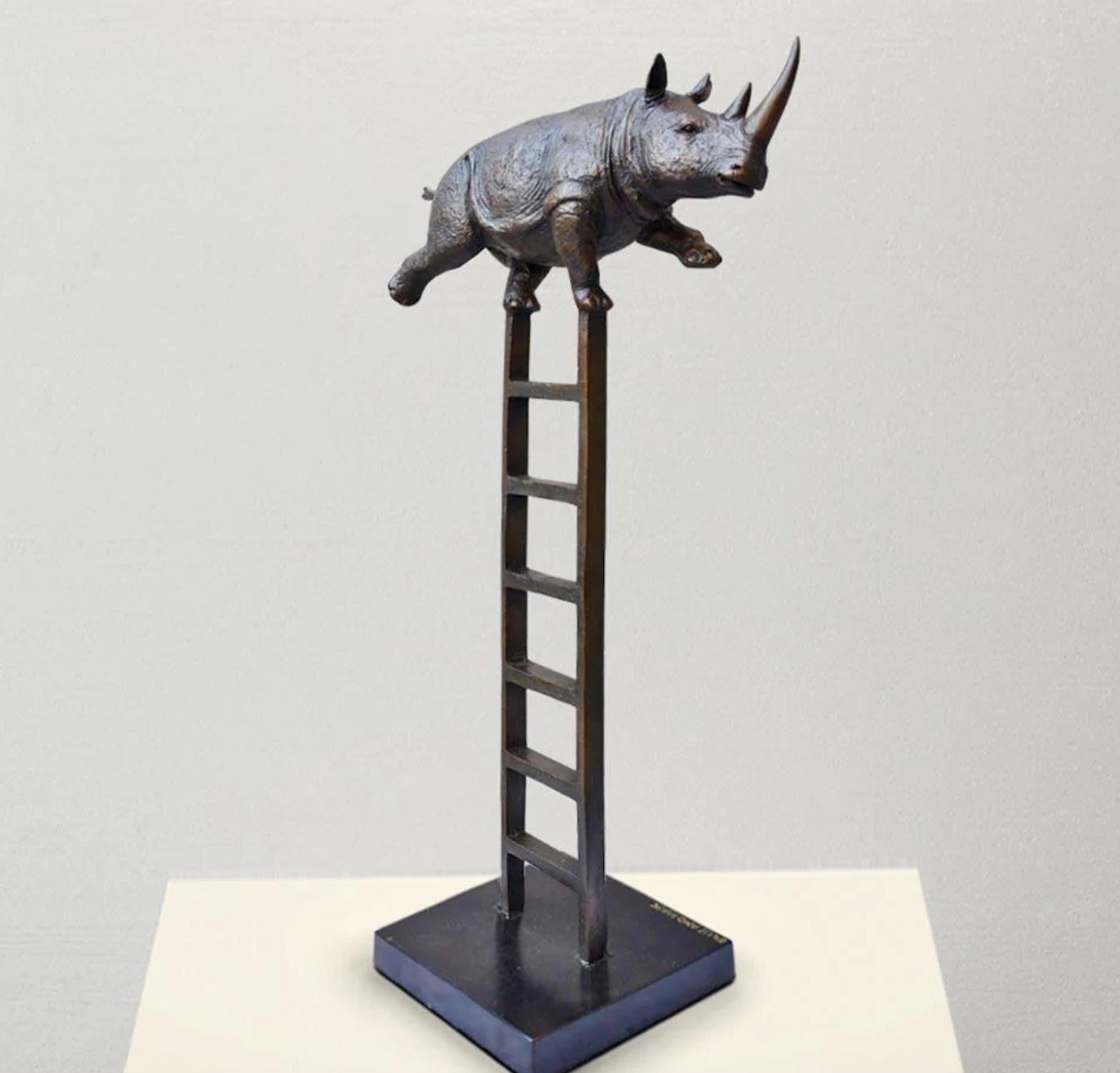 Authentic Bronze Rhino reaches new heights Sculpture by Gillie and Marc For Sale 1