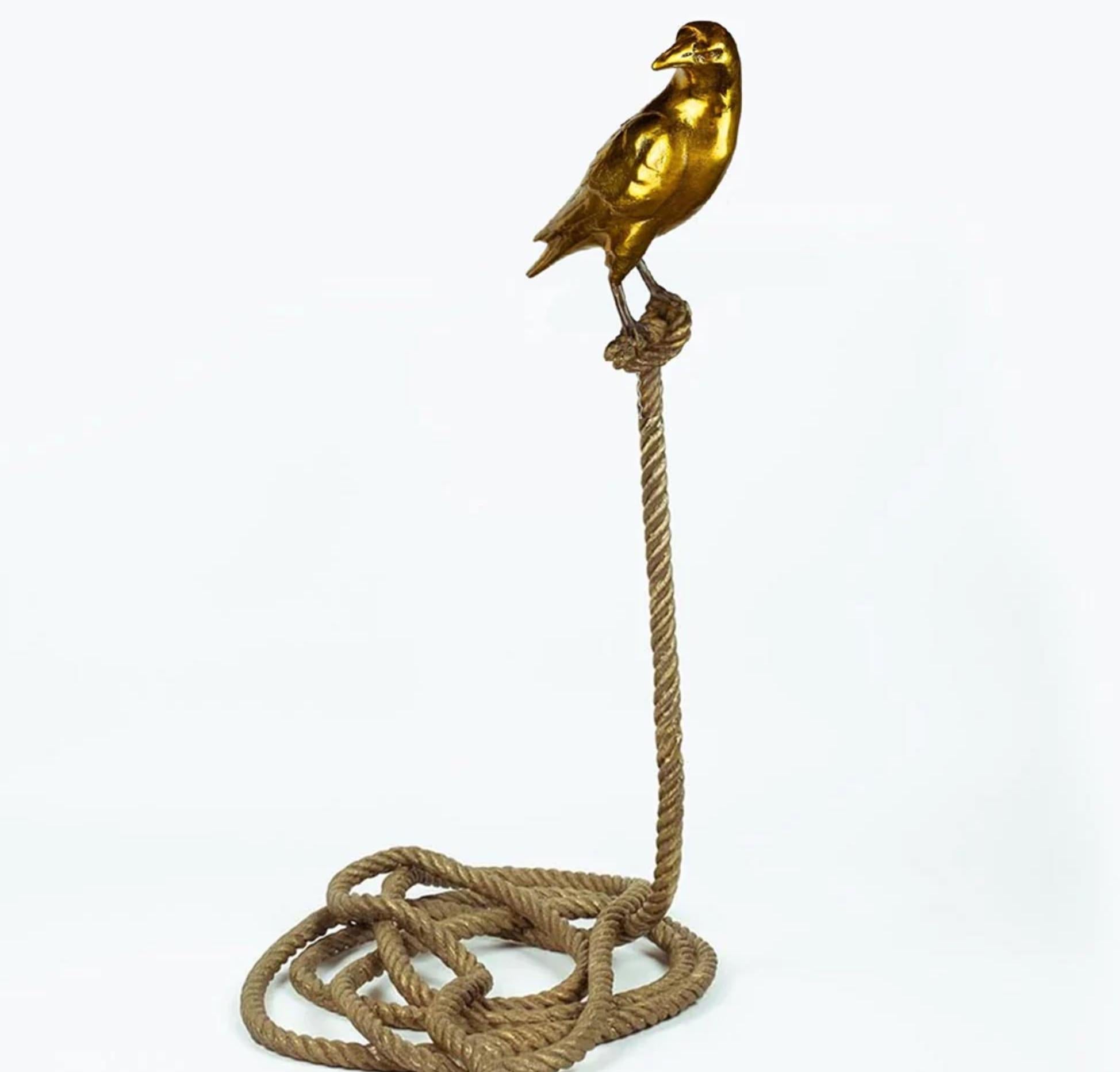 Gillie and Marc Schattner Figurative Sculpture - Authentic Bronze Simon, the magpie on short rope Sculpture by Gillie and Marc