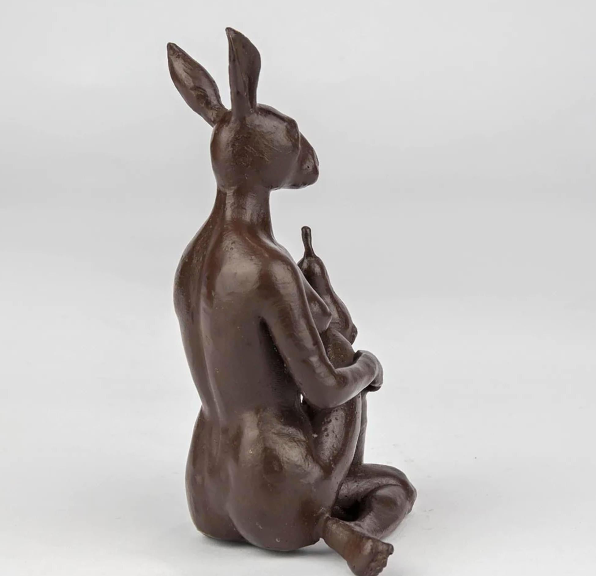 Title: The Pearfect Rabbit
Authentic bronze sculpture

This authentic bronze sculpture titled 'The Pearfect Rabbit' by artists Gillie and Marc has been meticulously crafted in bronze. It features Gillie and Marcs rabbitwoman sitting while holding a