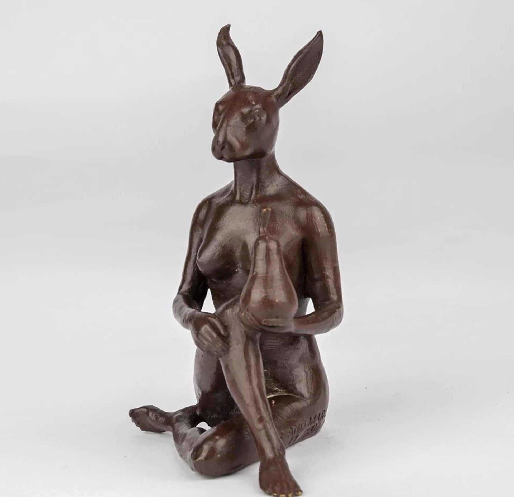 Authentic Bronze The Pearfect Rabbit Sculpture by Gillie and Marc For Sale 1