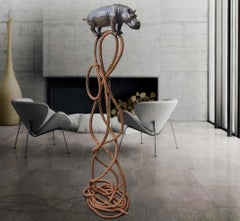 Authentic Bronze Hippo suspended on rope and feel.. Sculpture by Gillie and Marc