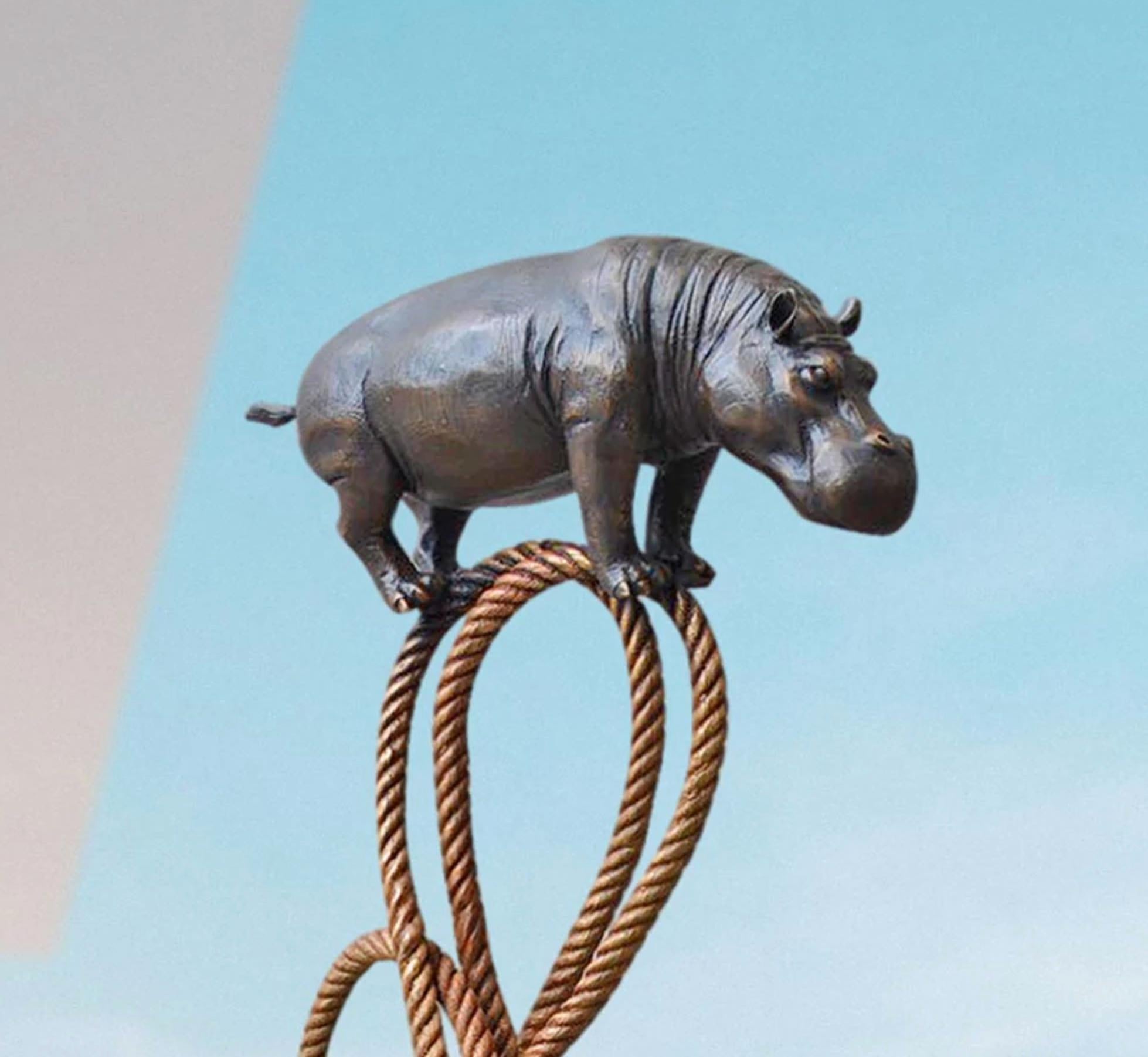 Authentic Bronze Hippo suspended on rope and feel.. Sculpture by Gillie and Marc For Sale 1