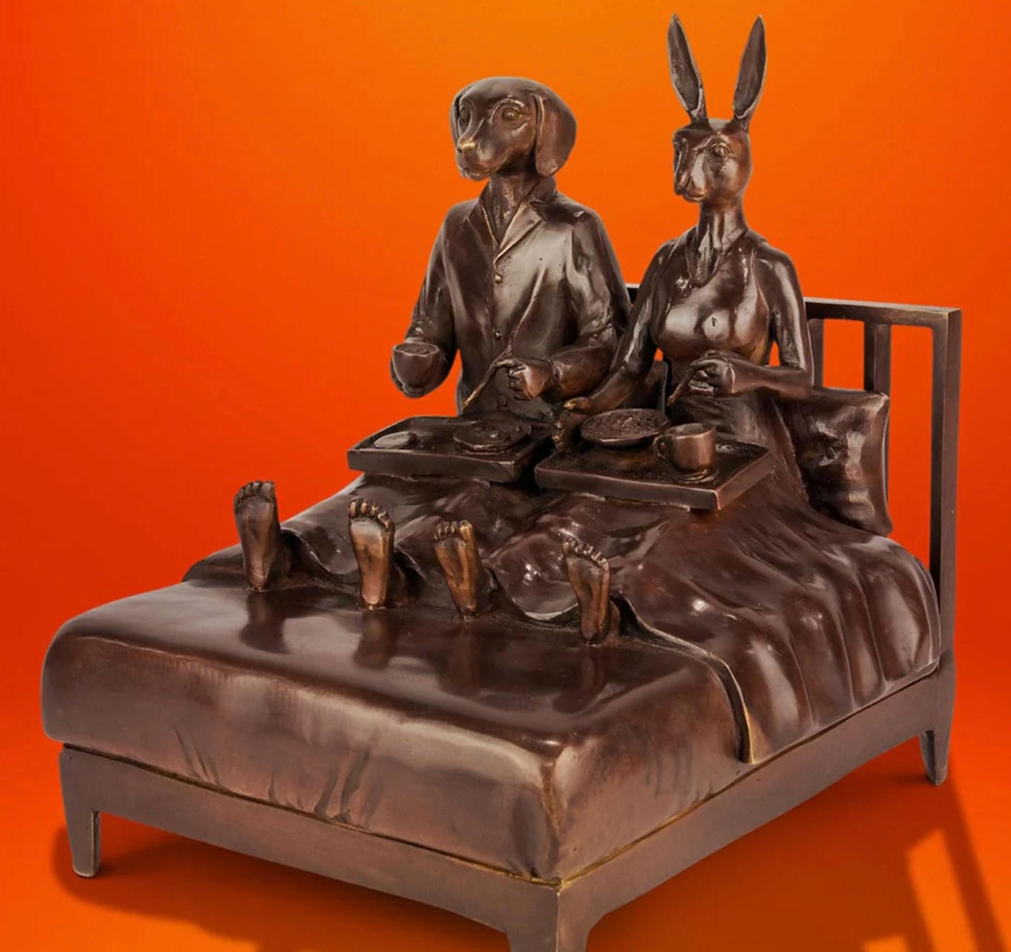 Authentic Bronze They loved breakfast in bed... Sculpture by Gillie and Marc For Sale 2