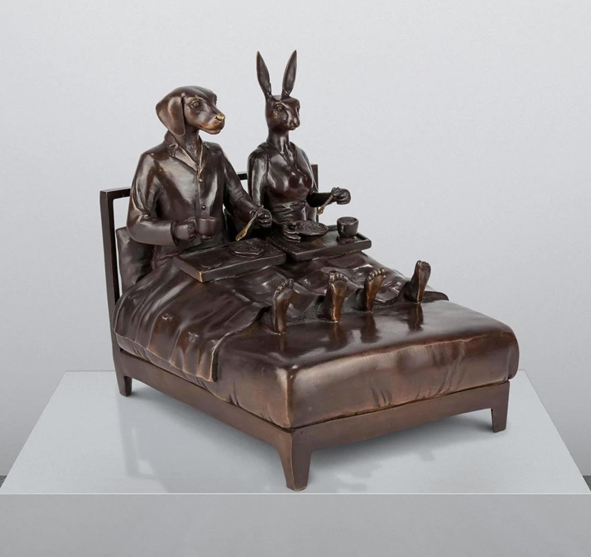 Authentic Bronze They loved breakfast in bed... Sculpture by Gillie and Marc For Sale 3