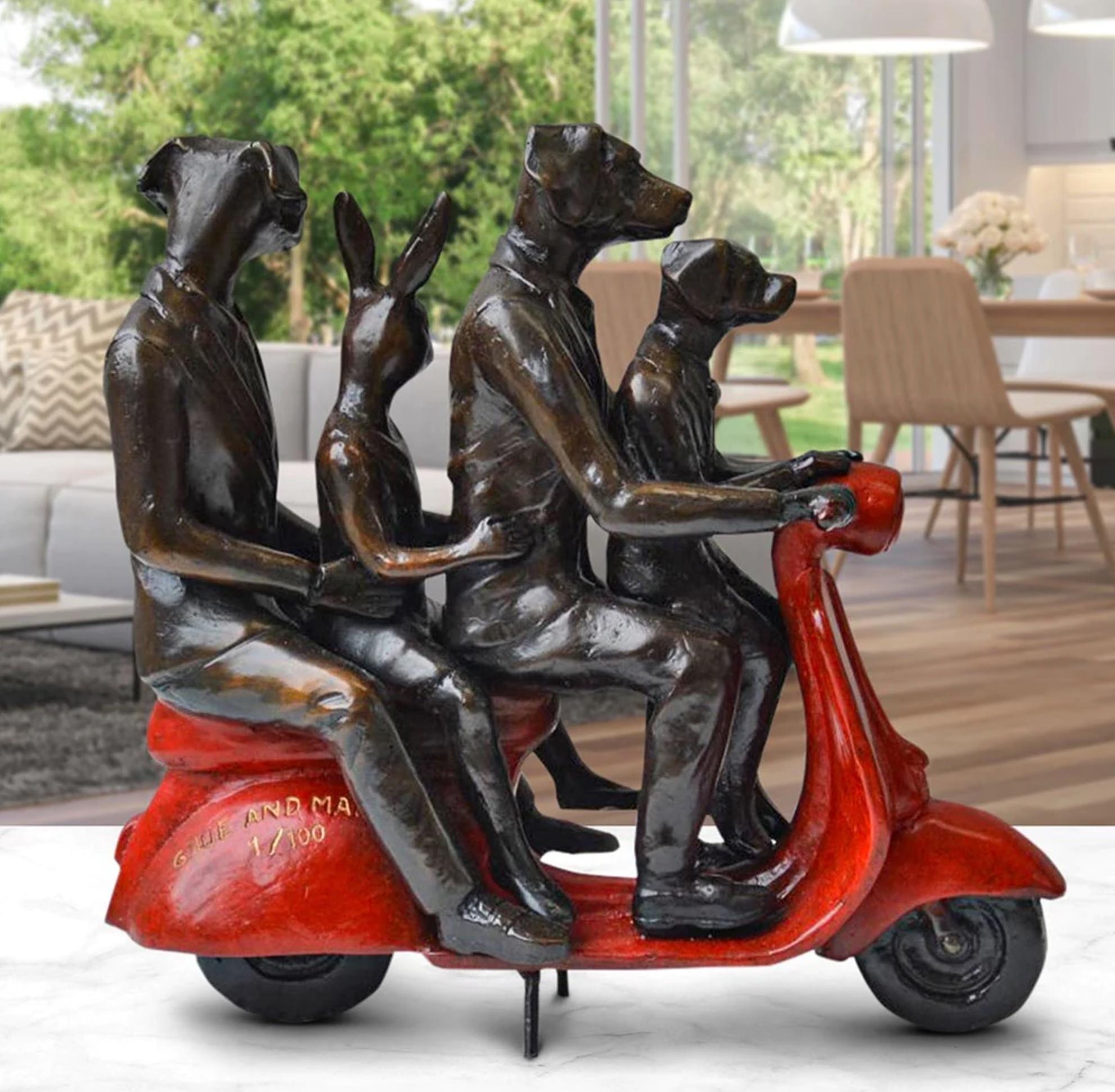 Title: The loving family vespa riders
Authentic bronze sculpture with Red Patina

This authentic bronze sculpture titled 'The loving family vespa riders' by artists Gillie and Marc has been meticulously crafted in bronze with red patina. It features