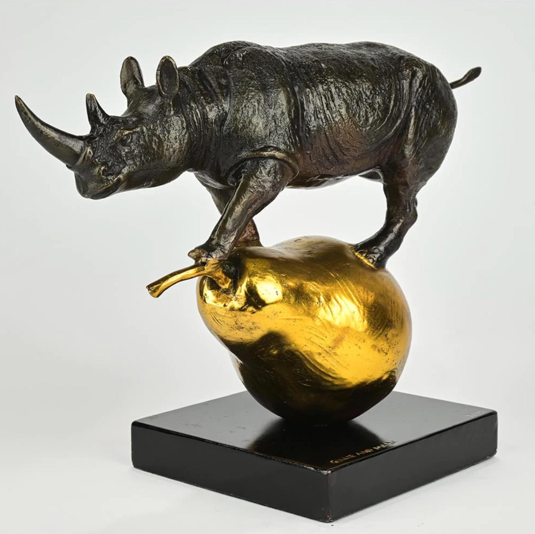 Authentic Bronze Sculpture 'The Rhino Was Just Pearfect' by Gillie and Marc - Gray Figurative Sculpture by Gillie and Marc Schattner