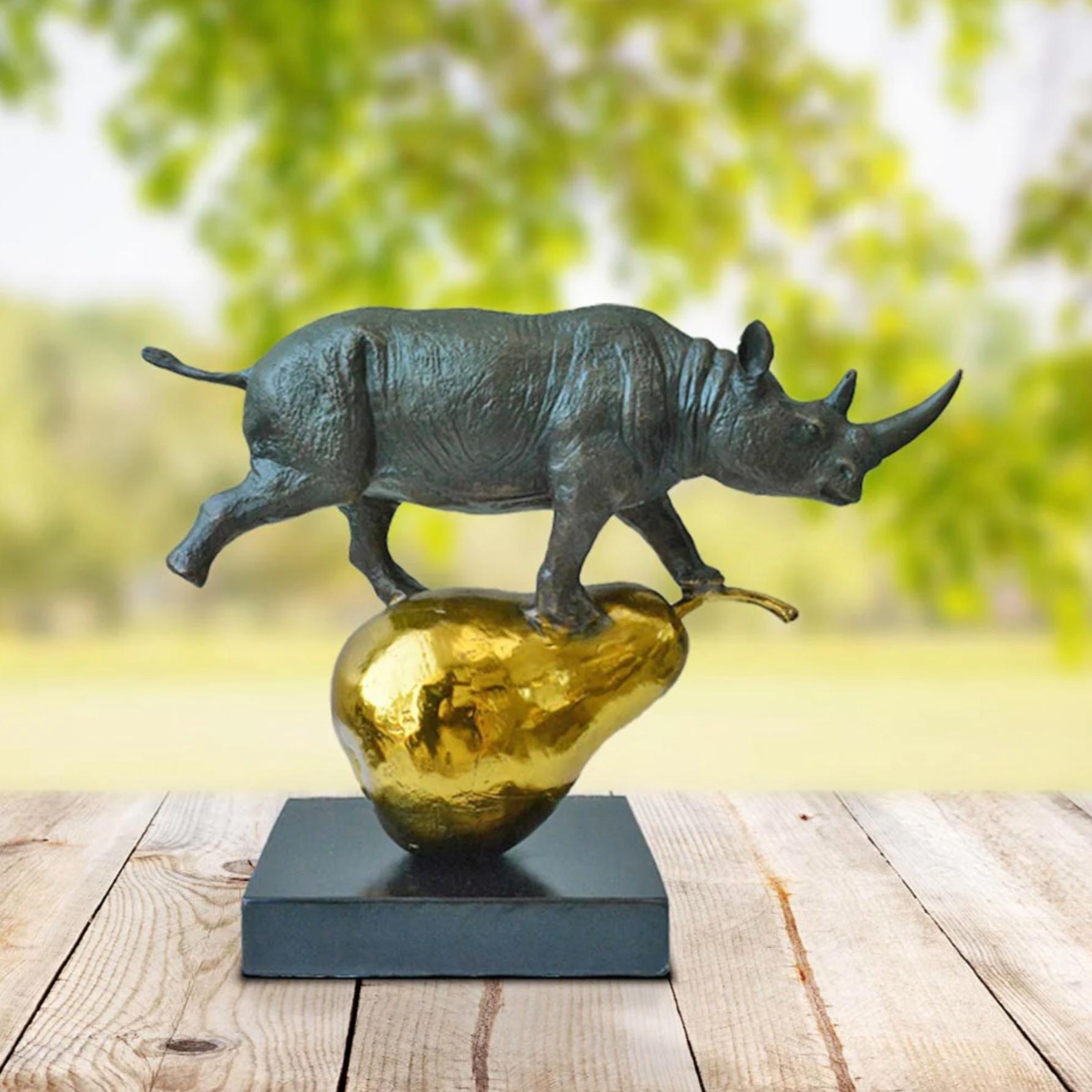 Authentic Bronze Sculpture 'The Rhino Was Just Pearfect' by Gillie and Marc For Sale 4
