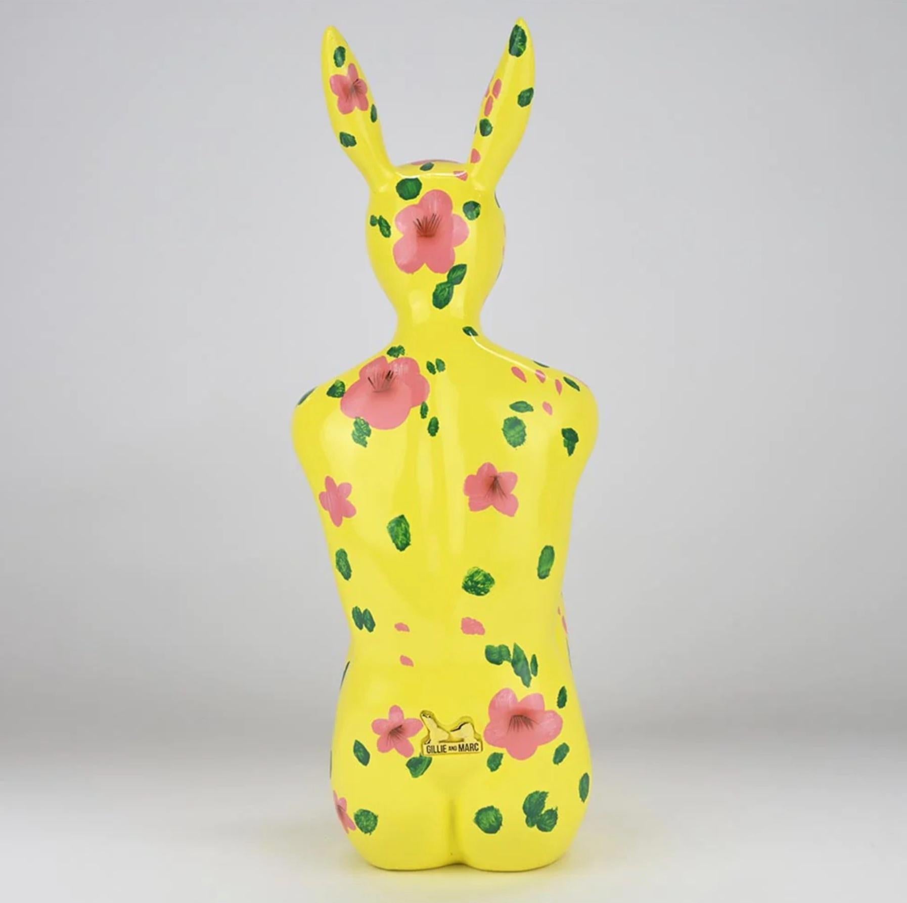 Title: Splash Pop City Bunny (Hawaiian Holiday Style)
Authentic Resin Sculpture

This authentic bronze sculpture titled 'Splash Pop City Bunny' in Hawaiian Holiday Style by artists Gillie and Marc has been meticulously crafted in resin. This