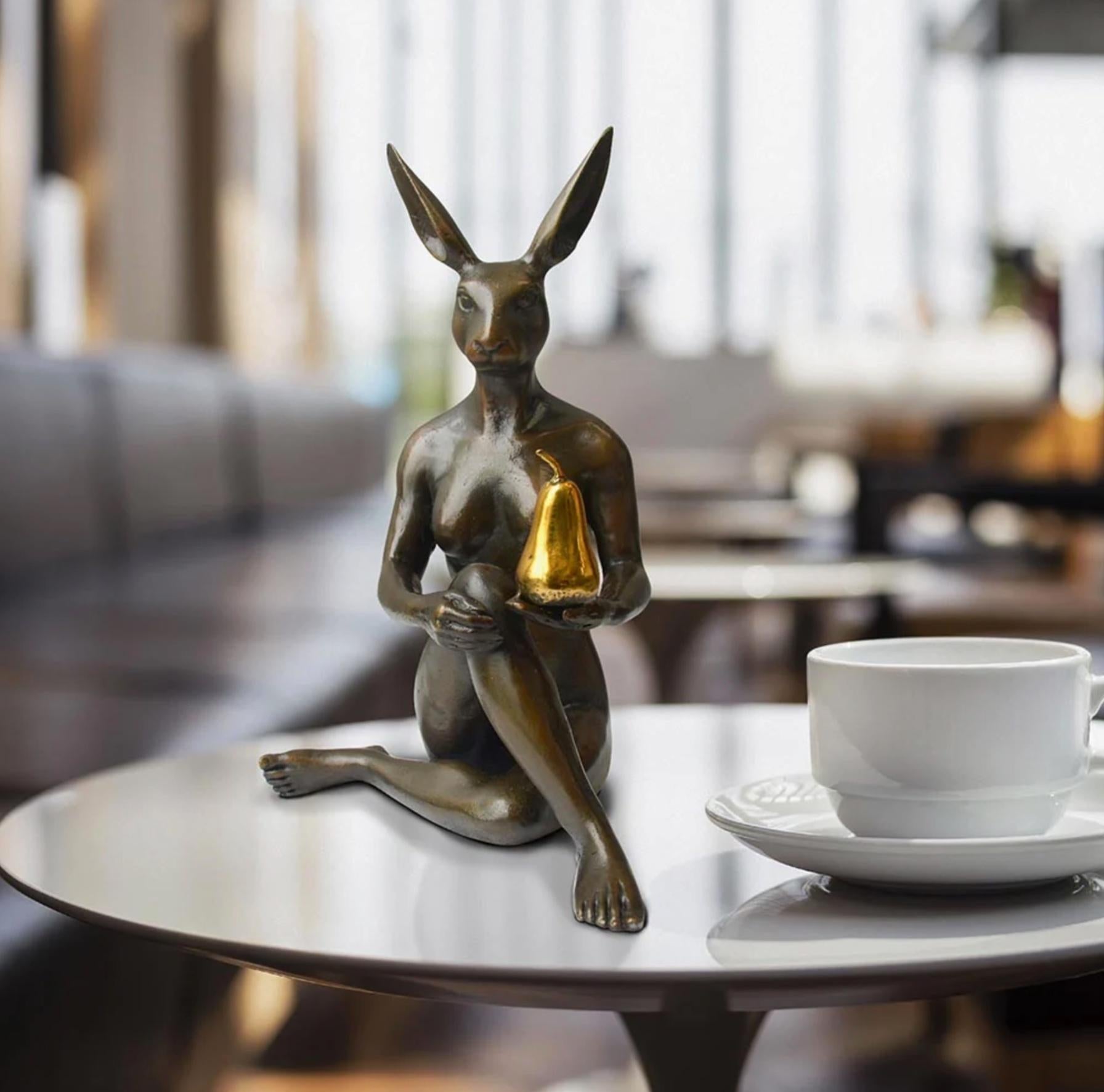 Gillie and Marc Schattner Figurative Sculpture - Authentic Bronze Rabbitwoman grew a pear Bronze sculpture by Gillie and Marc 