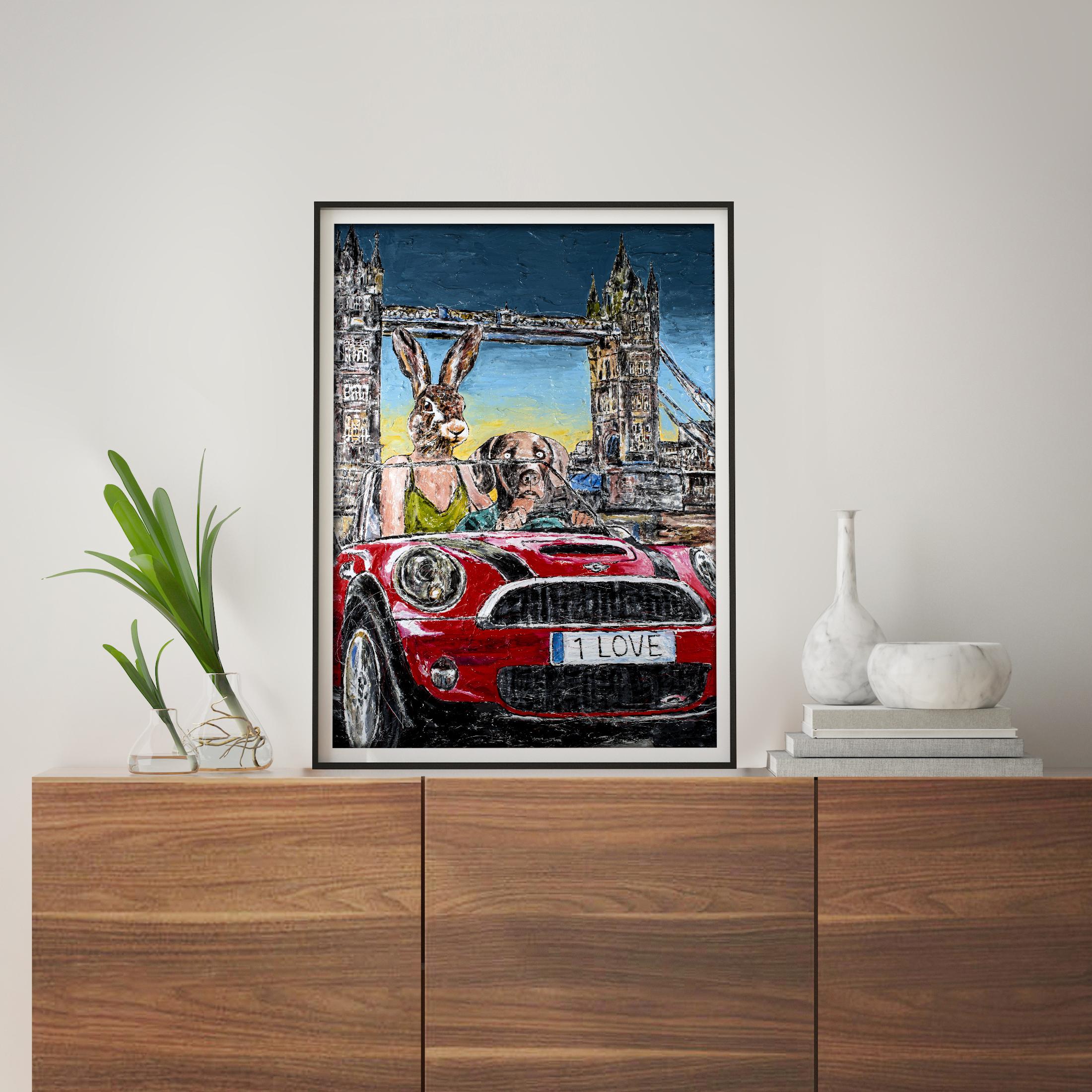 Animal Print - Gillie and Marc - Art - Limited Edition - Love & cars in London - Black Interior Print by Gillie and Marc Schattner