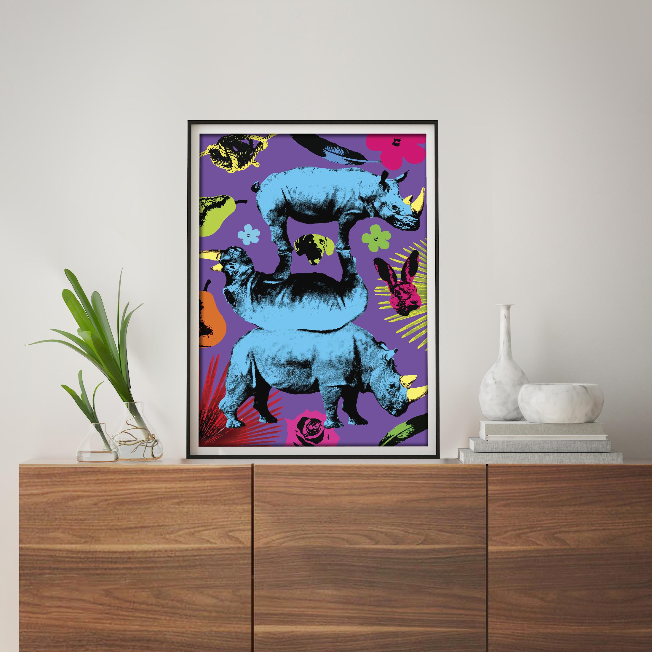 Title: A few of our favourite things plus rhinos
Limited edition Print

Gillie and Marc’s paintings are signed, limited-editions and are produced on Entrada Rag Bright 300gsm, 100% acid free, 100% cotton rag paper, with a 40mm white