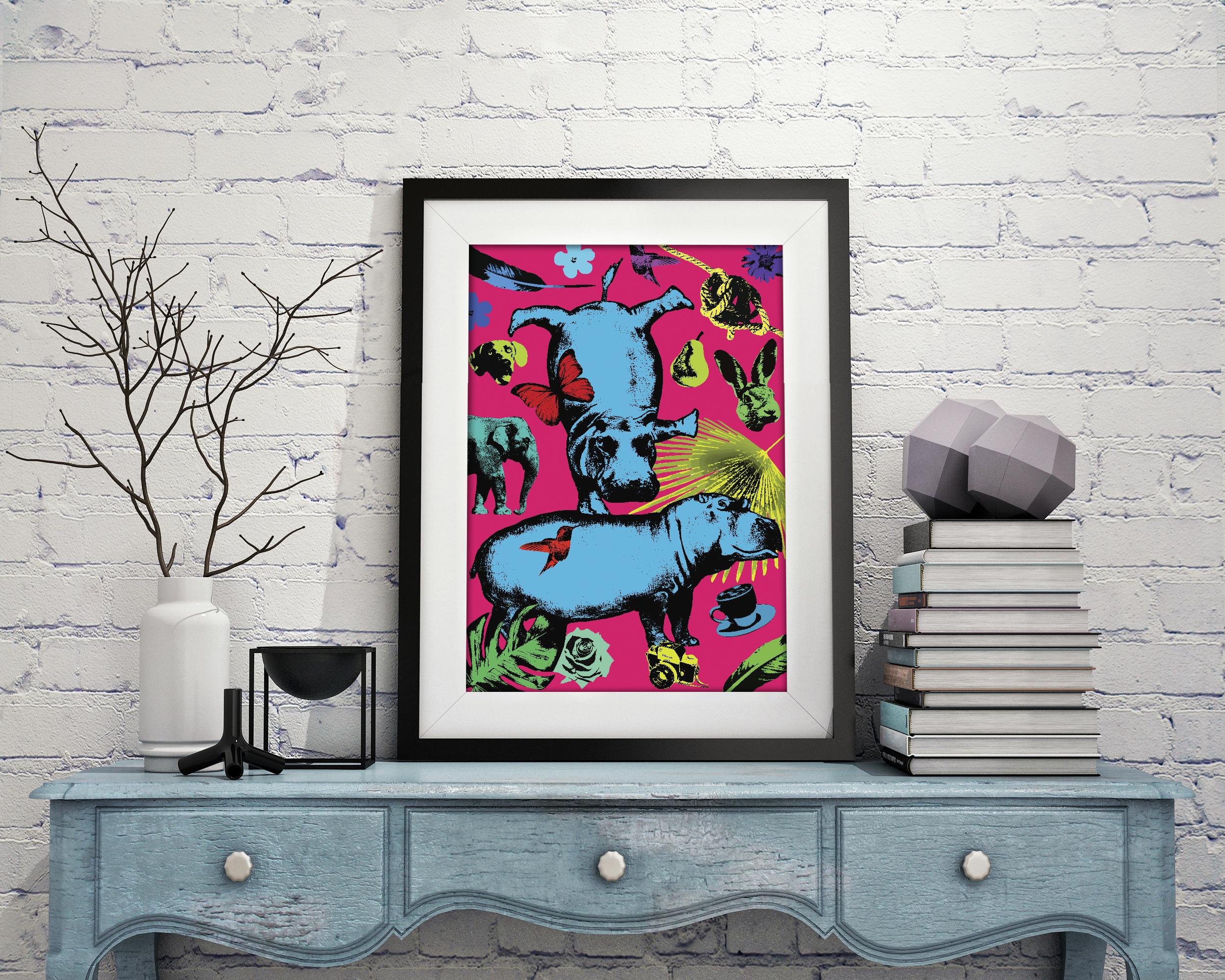 Title: A few of our favourite things plus hippos
Limited edition Print

Gillie and Marc’s paintings are signed, limited-editions and are produced on Entrada Rag Bright 300gsm, 100% acid free, 100% cotton rag paper, with a 40mm white border. 