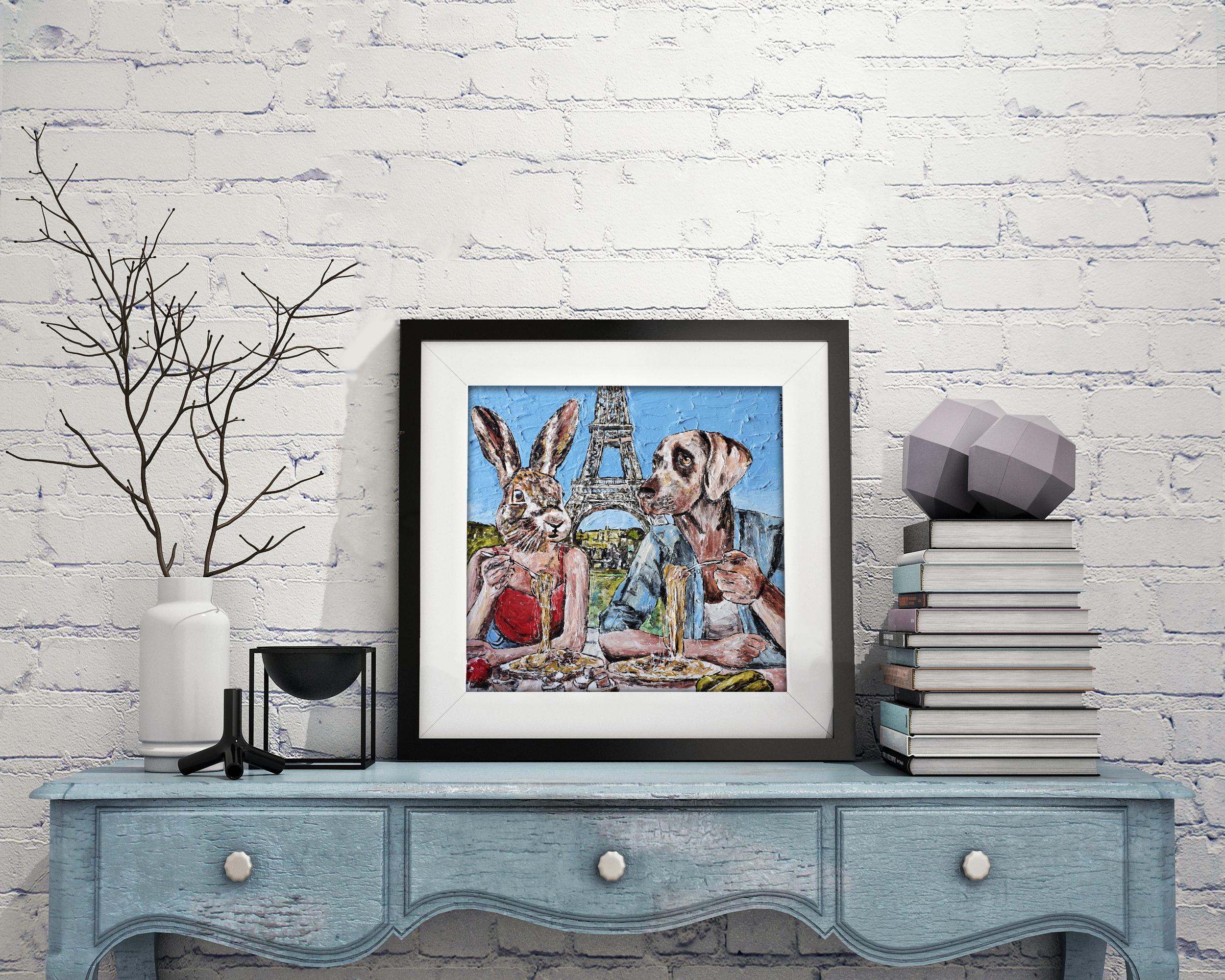 Animal Painting Print - Gillie and Marc - Limited Edition - Art - eating pasta  - Blue Figurative Print by Gillie and Marc Schattner