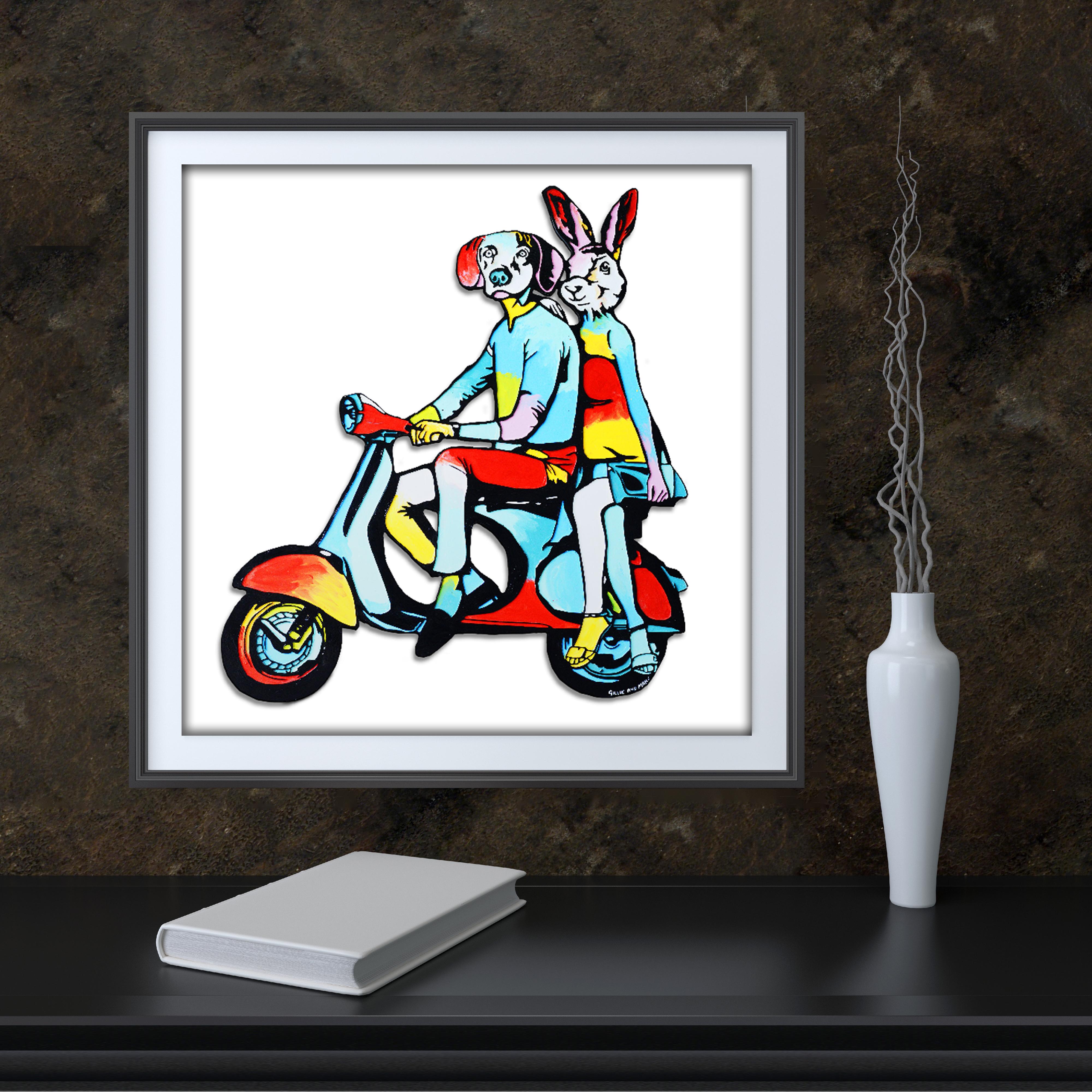 Pop Art - Animal Print - Gillie and Marc - Limited Edition - Vespa riding - Blue Figurative Print by Gillie and Marc Schattner