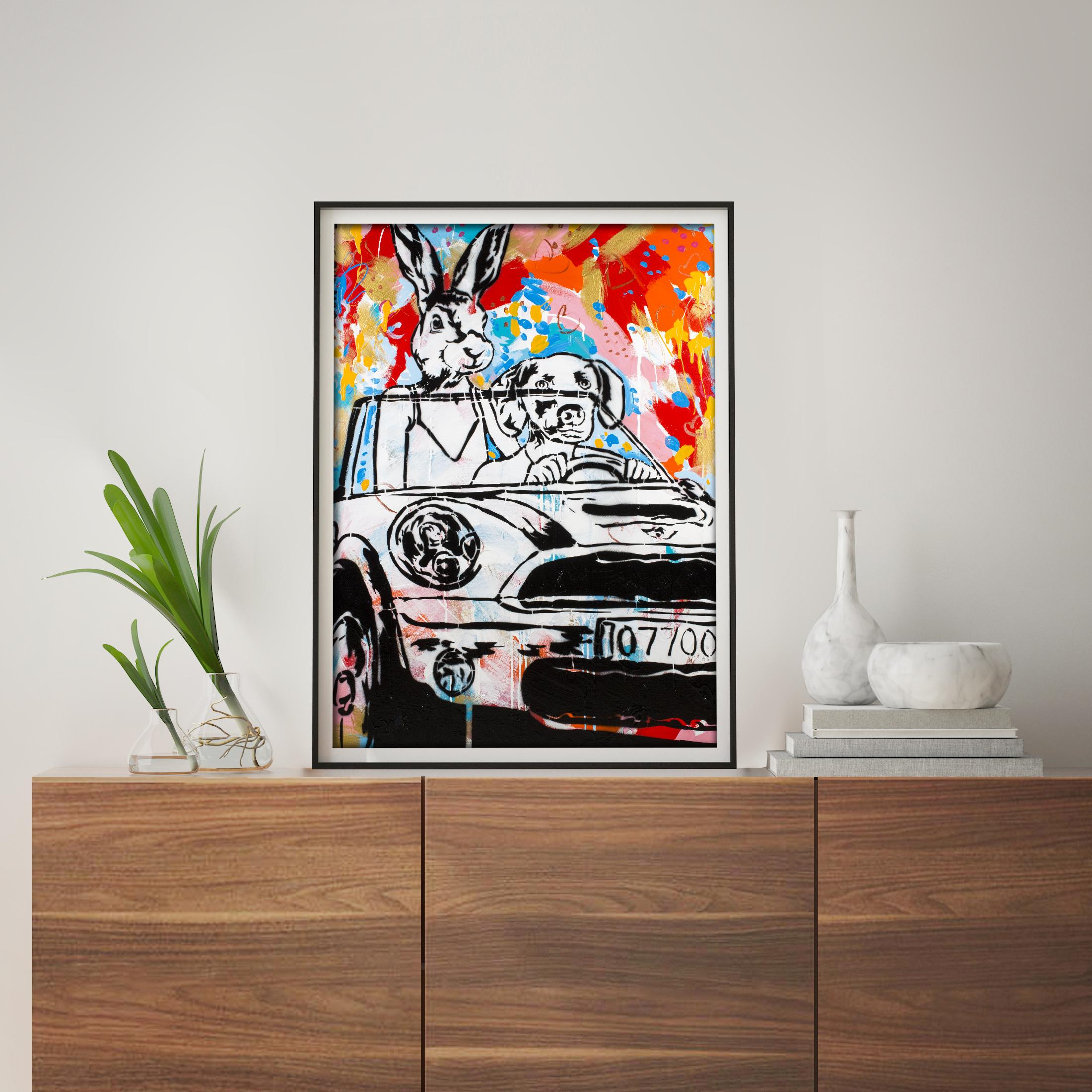 Pop Art - Animal Print - Gillie and Marc - Limited Edition -They loved driving - Beige Figurative Print by Gillie and Marc Schattner
