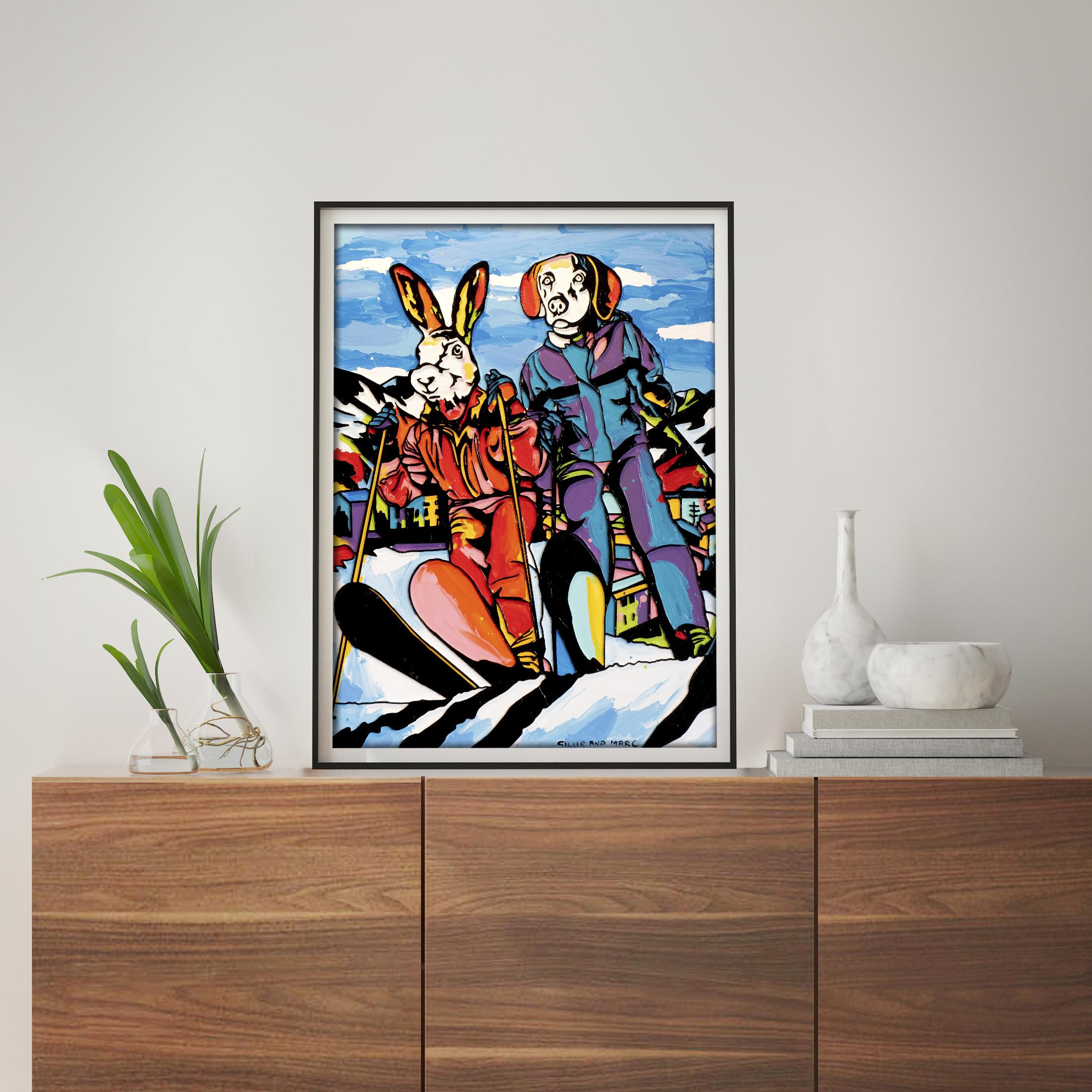 Animal Pop Art - Print - Gillie and Marc - Limited Edition - She's a ski bunny - Black Figurative Print by Gillie and Marc Schattner