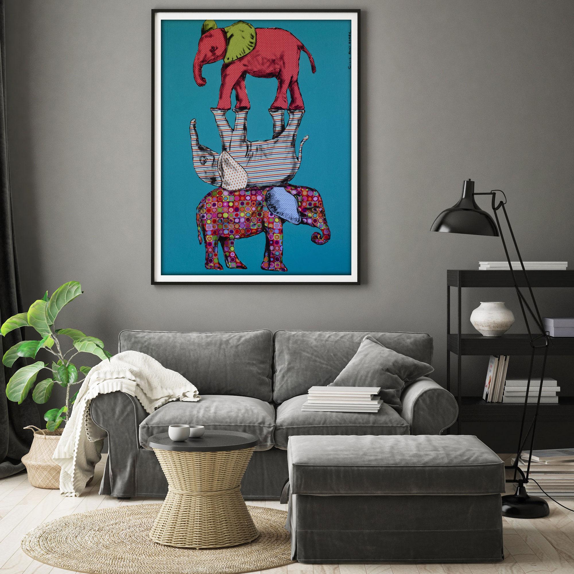 Animal Print - Gillie and Marc - Art - Limited Edition - Wildlife - Elephant - Blue Portrait Painting by Gillie and Marc Schattner