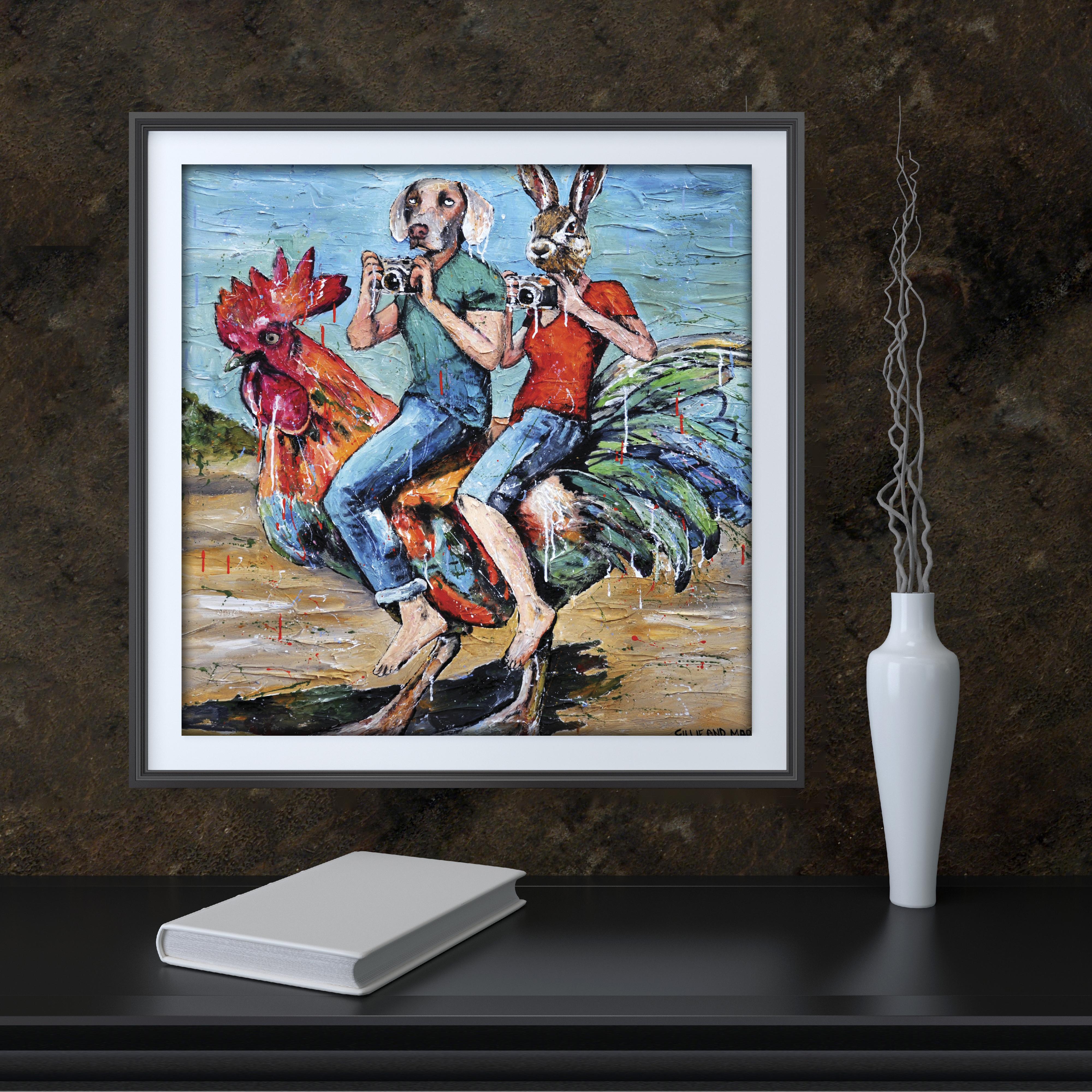 Animal Print - Gillie and Marc - Art - Limited Edition - Chicken tourists-2019 - Contemporary Painting by Gillie and Marc Schattner