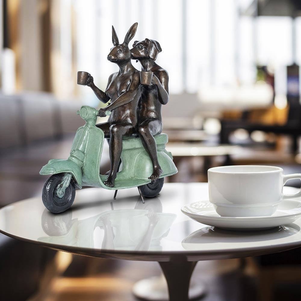Title: Their morning ride started with a coffee and a kiss
Authentic bronze sculpture with green patina
Limited Edition

World Famous Contemporary Artists: Husband and wife team, Gillie and Marc, are New York and Sydney-based contemporary artists