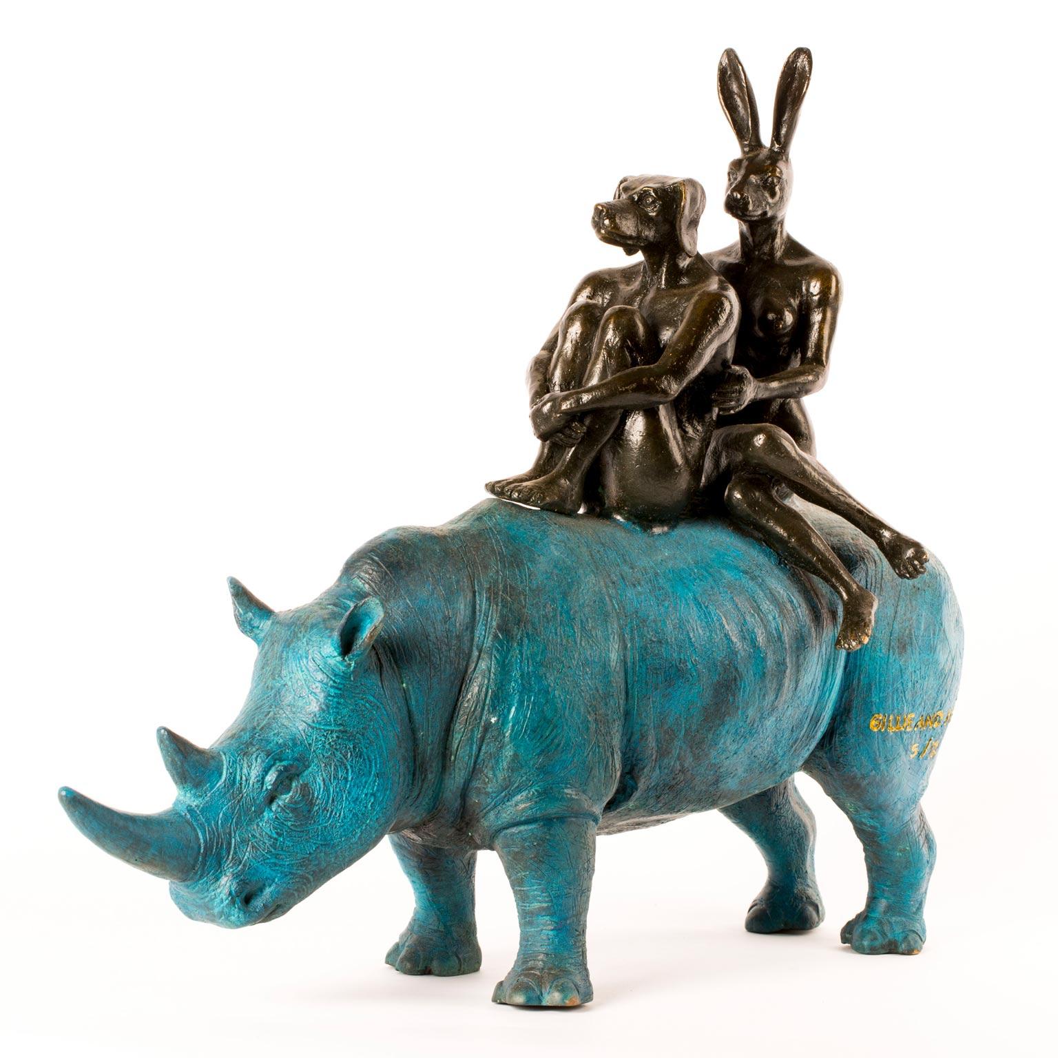 Gillie and Marc Schattner Figurative Sculpture - Bronze Animal Sculpture - Limited Edition - Blue Patina Rhino Riders - 2019 