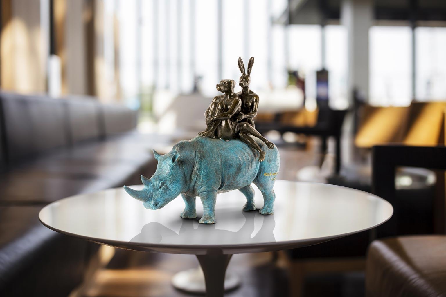 Bronze Animal Sculpture - Limited Edition - Blue Patina Rhino Riders - 2019  For Sale 1