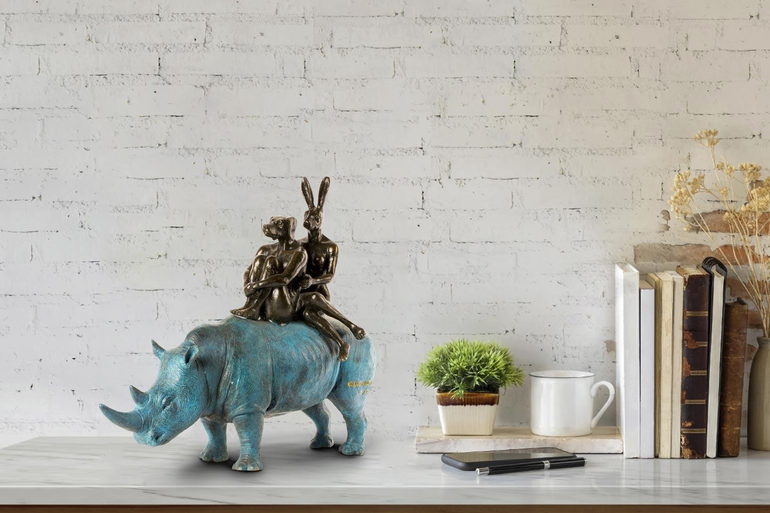 Bronze Animal Sculpture - Limited Edition - Blue Patina Rhino Riders - 2019  For Sale 2