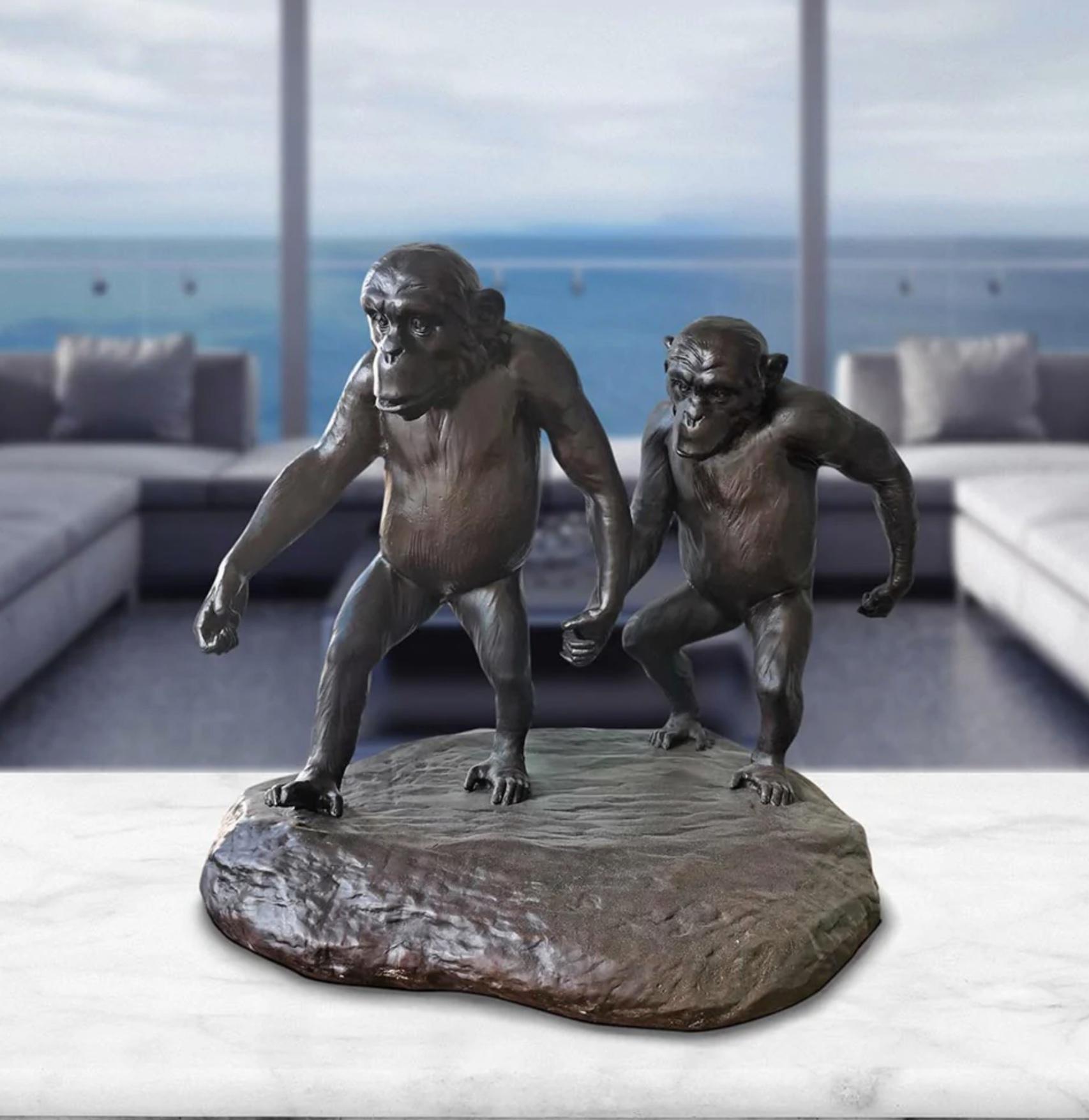 Authentic Bronze Chimp Friendship Forever Sculpture by Gillie and Marc 