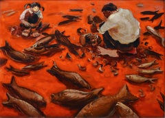 The Carver of Wooden Fish by Nicola Bealing- Oil Paint, Figurative Painting