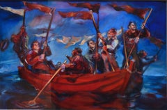 Red Flag Boat by Nicola Bealing- Oil Paint, Figurative Painting, 21st Century