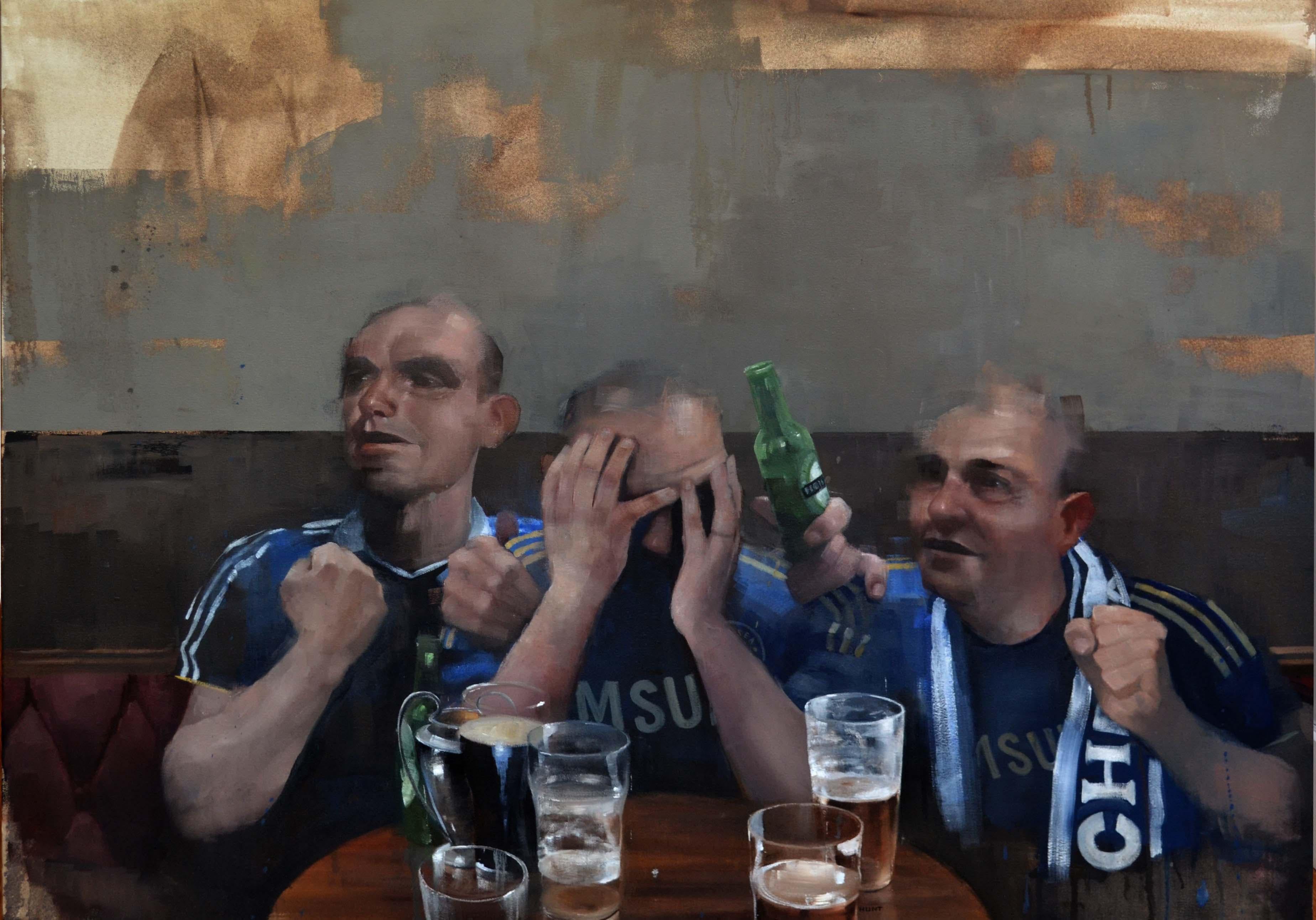 Andrew Hunt's Shoot Out is a 21st Century oil on canvas painting in figurative realism style depicting three football supporters sitting down in a pub. Hunt’s blend of painterly realism with his understanding of human character gives him the ability