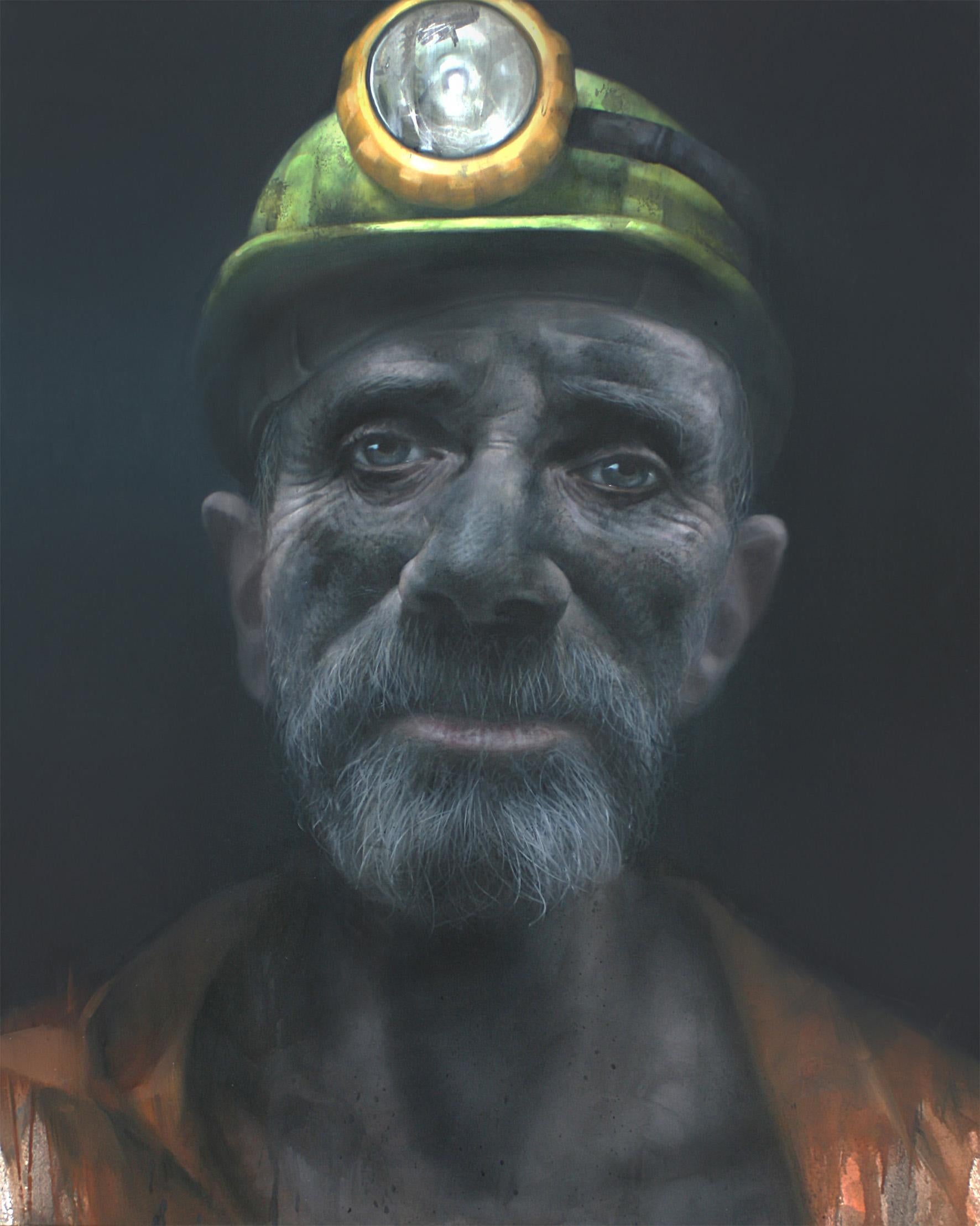 Andrew Hunt's Thurcroft 91 is a 21st Century oil on canvas painting in a figurative realist style depicting a headshot of a man after a day of work with his head torch and helmet on. Hunt’s blend of painterly realism with his understanding of human
