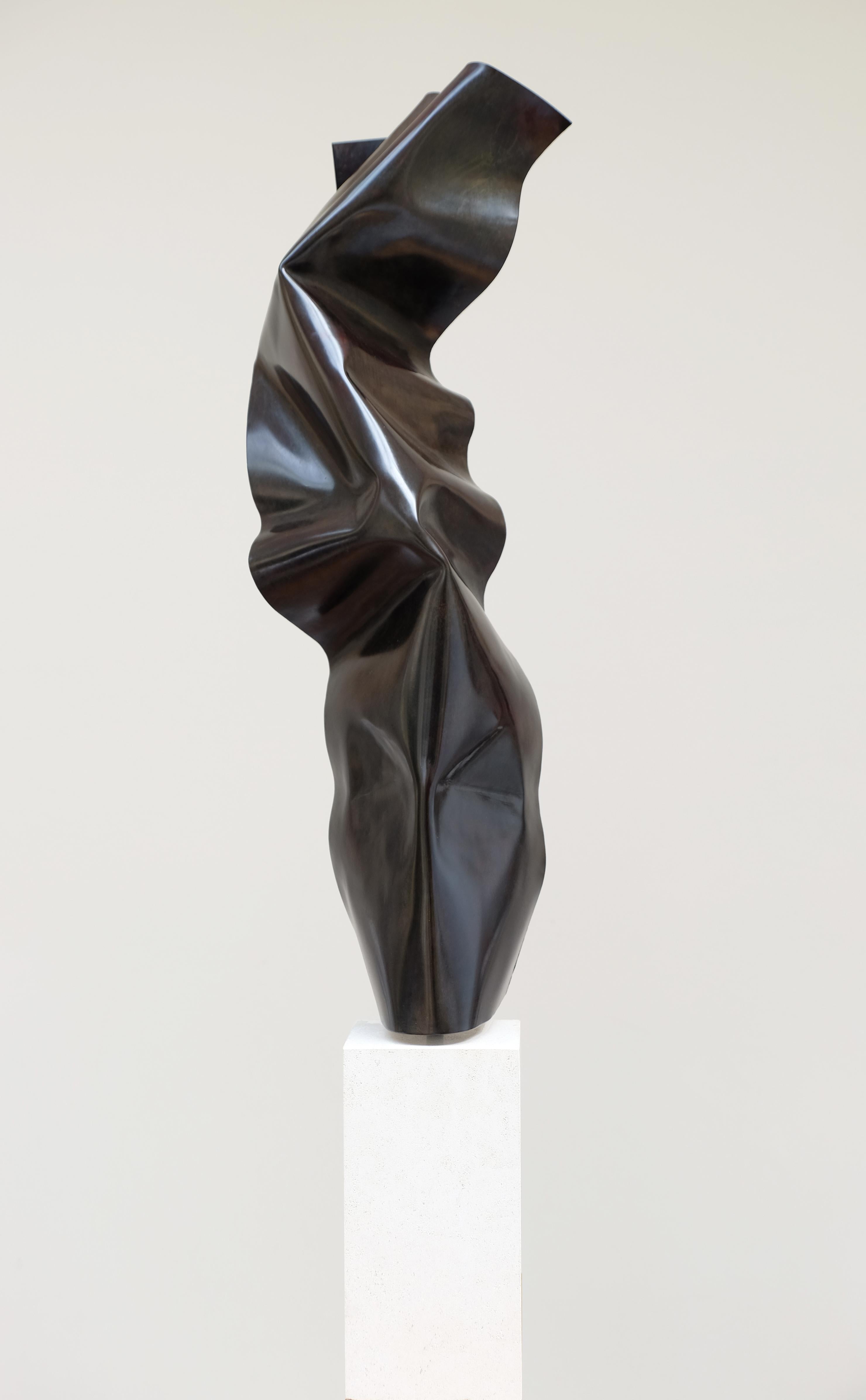 Sans Titre No. 5 is an abstracted, copper sculpture on a white base. Francesco Moretti (born 1955) usually creates sculptures in metal with themes drawn from nature: the human body, plants and animals. These are abstracted and worked with one metal