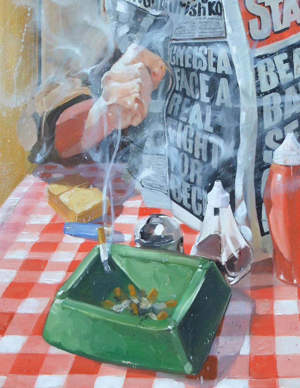Andrew Hunt's Lobster Red is a 21st Century oil on canvas painting in figurative realism style depicting a man reading his newspaper in a breakfast cafe. Hunt’s blend of painterly realism with his understanding of human character gives him the