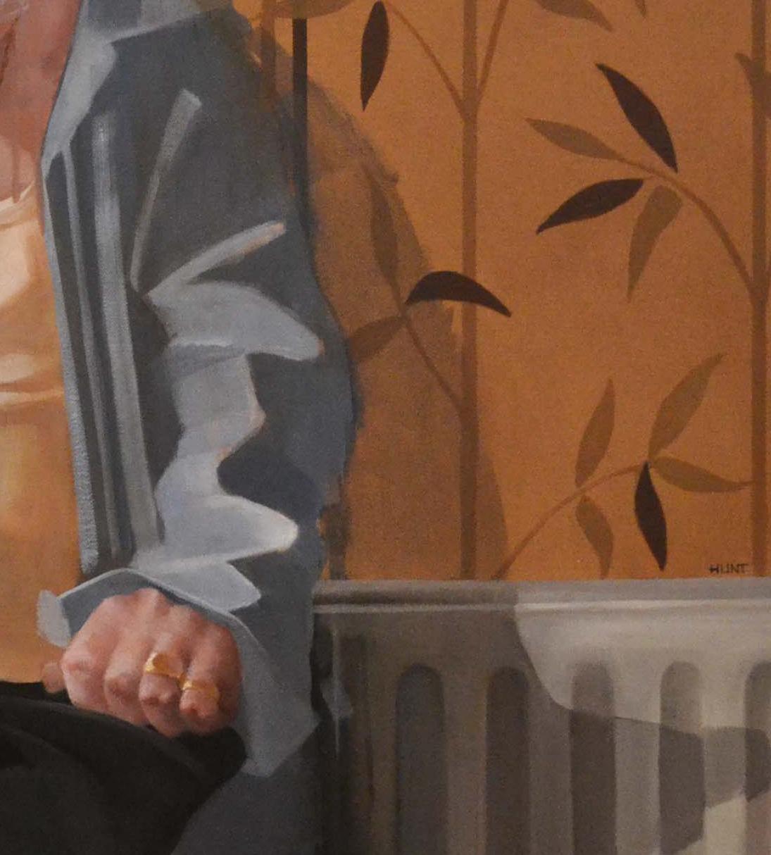 Andrew Hunt's Saint John is a 21st Century oil on canvas painting in a figurative realist style depicting a man ironing his trousers with a cigarette in his mouth. Hunt’s blend of painterly realism with his understanding of human character gives him