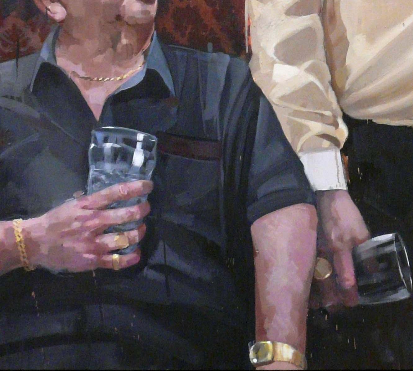 Andrew Hunt's Three Kings is a 21st Century oil on canvas painting in a figurative realist style depicting three men exchanging conversation. Hunt’s blend of painterly realism with his understanding of human character gives him the ability to