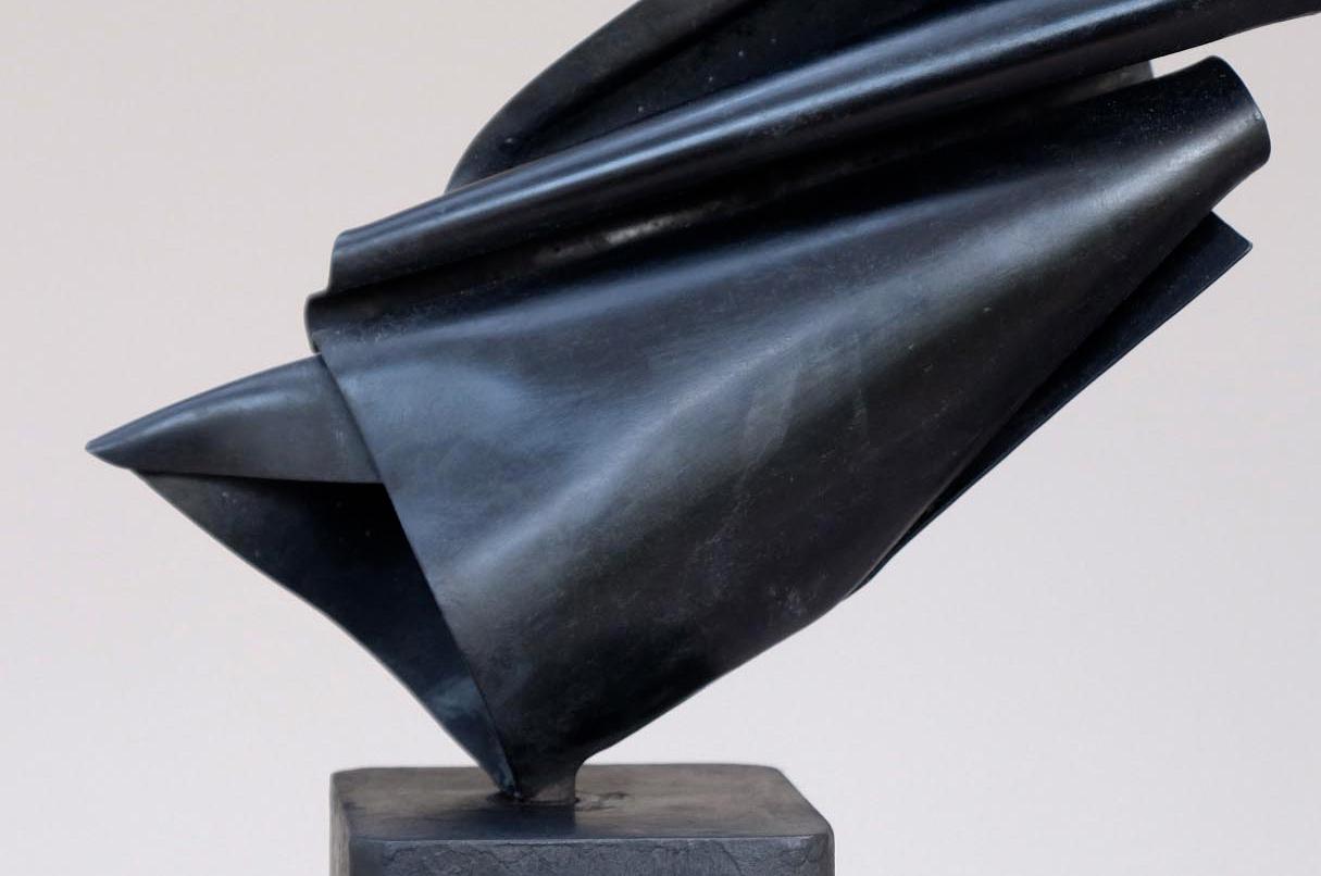 Uccello No. 1 is a black, abstract, copper sculpture diagonally positioned on a black base. Francesco Moretti (born 1955) usually creates sculptures in metal with themes drawn from nature: the human body, plants and animals. These are abstracted and