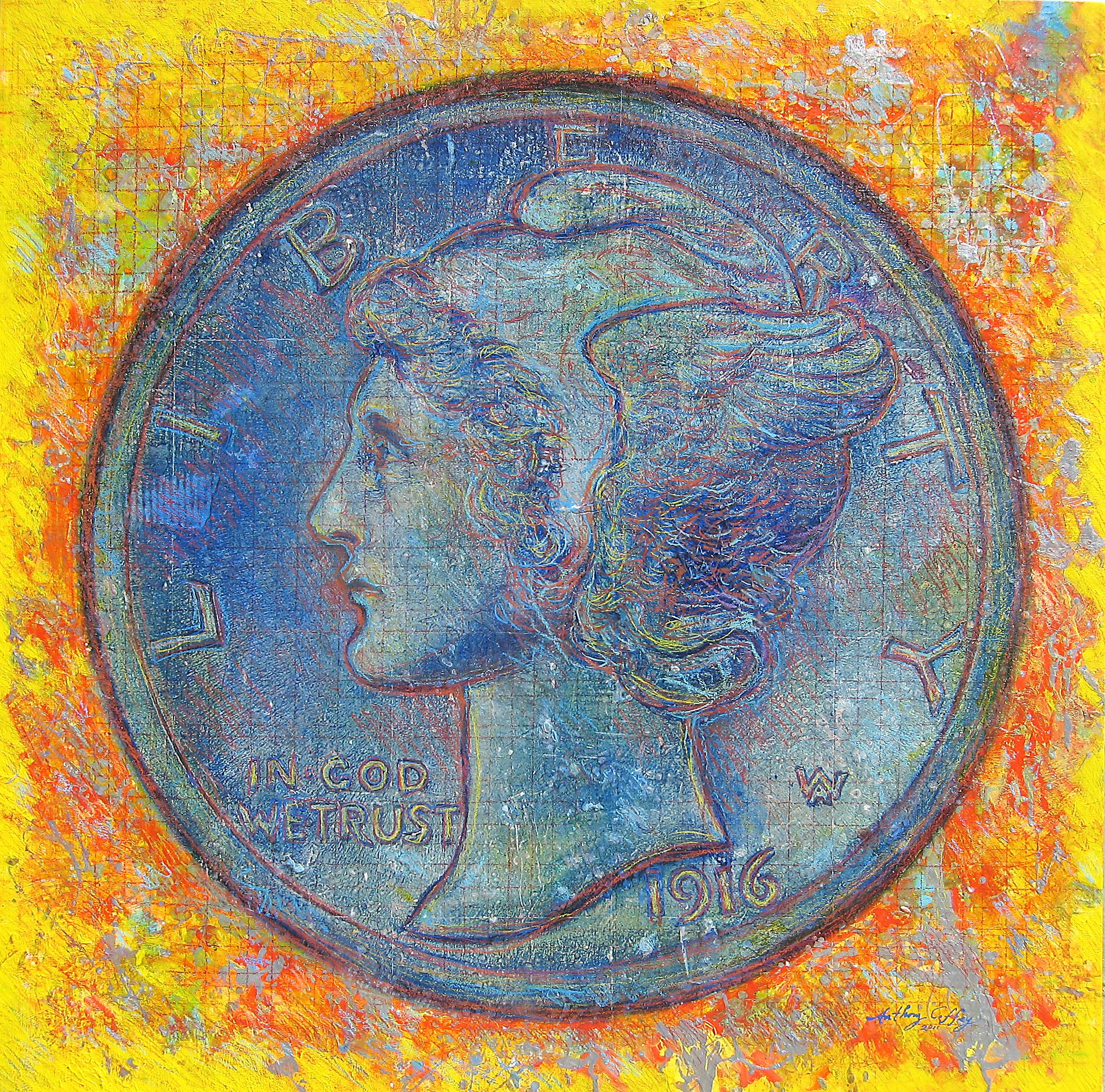Anthony J. Coffey Still-Life Painting - 1916 Winged Liberty Mercury Dime