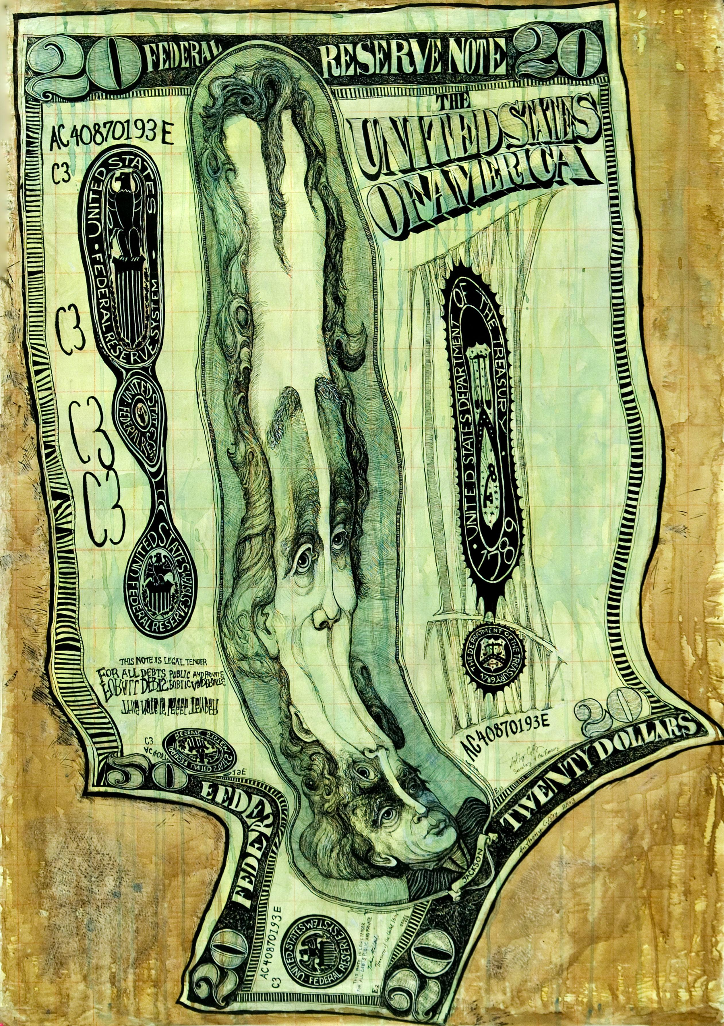 Anthony J. Coffey Figurative Painting - Bank Roll Money Melt of $20.00 Y2k+3