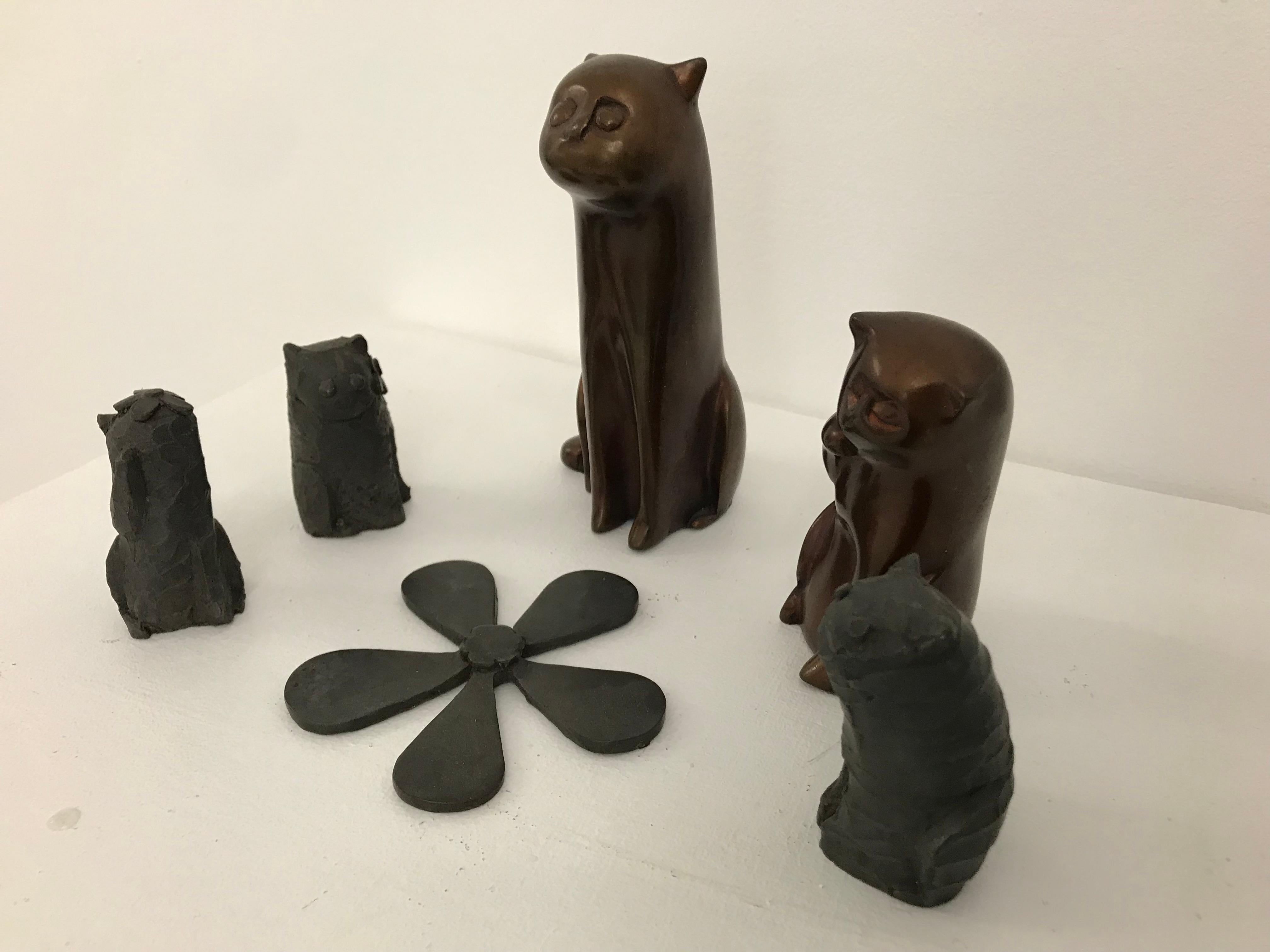 Kitty Gang : Contemporary, 6 small piece bronze sculpture with patina, cute cats For Sale 2