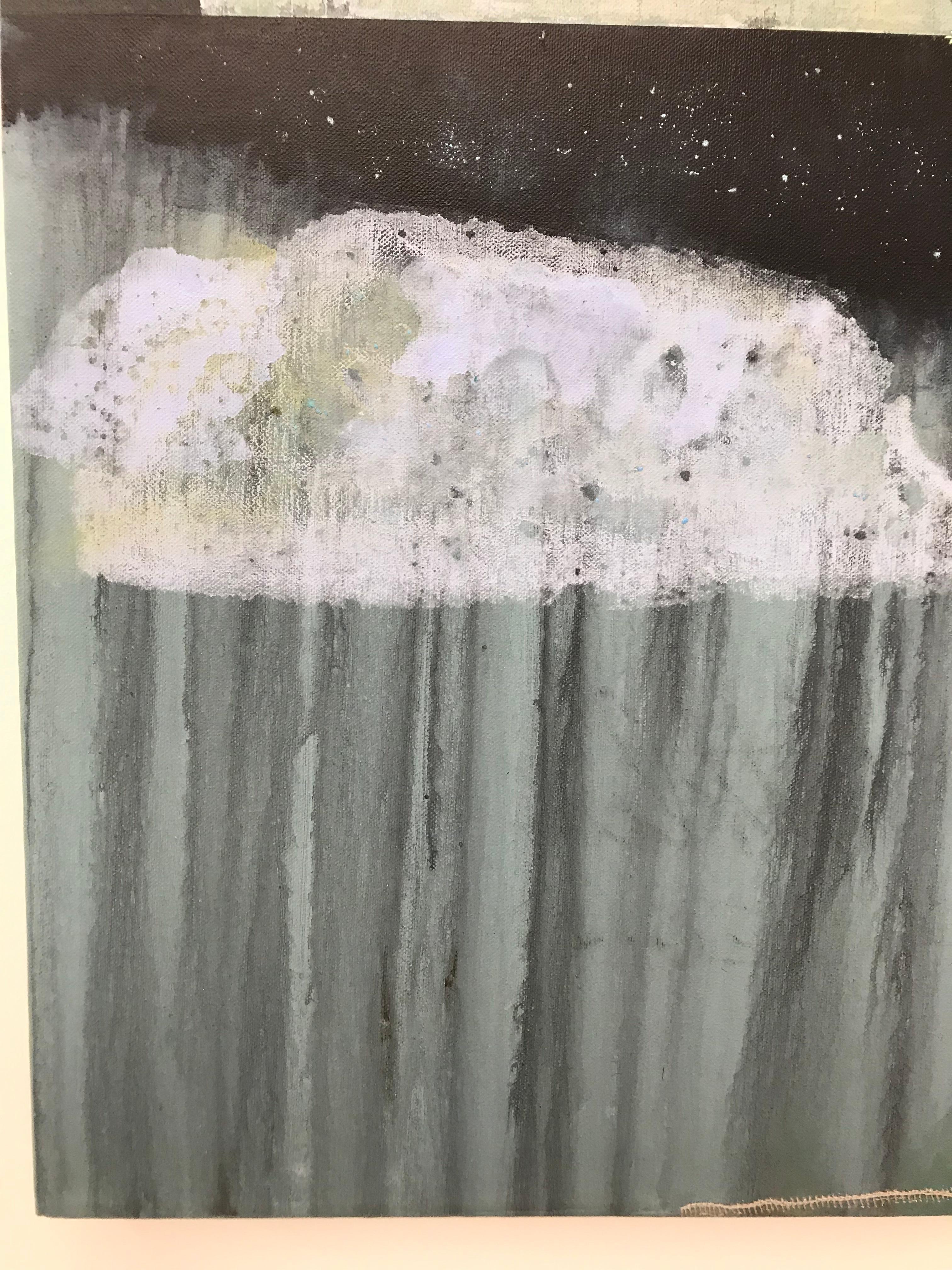 Where the sky hang  : contemporary, abstract art, acrylic paint, threads, grey - Gray Abstract Painting by Morakot Ketklao