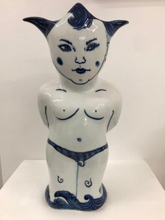 Pika-chan Swimmer - Contemporary, whimsical Japanese, blue and white porcelain
