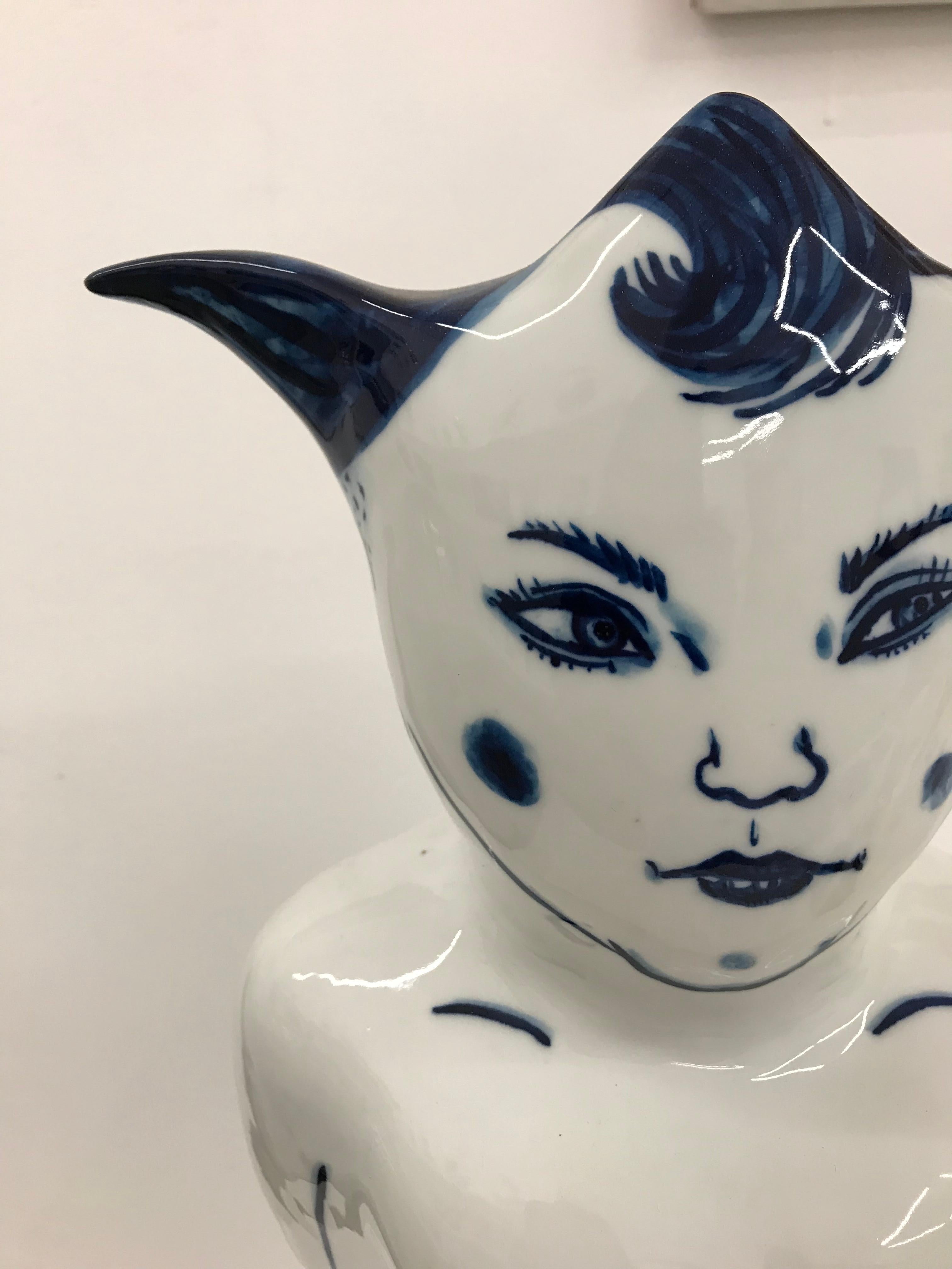 Pika-chan Swimmer - Contemporary, whimsical Japanese, blue and white porcelain - Sculpture by Shin Koyama