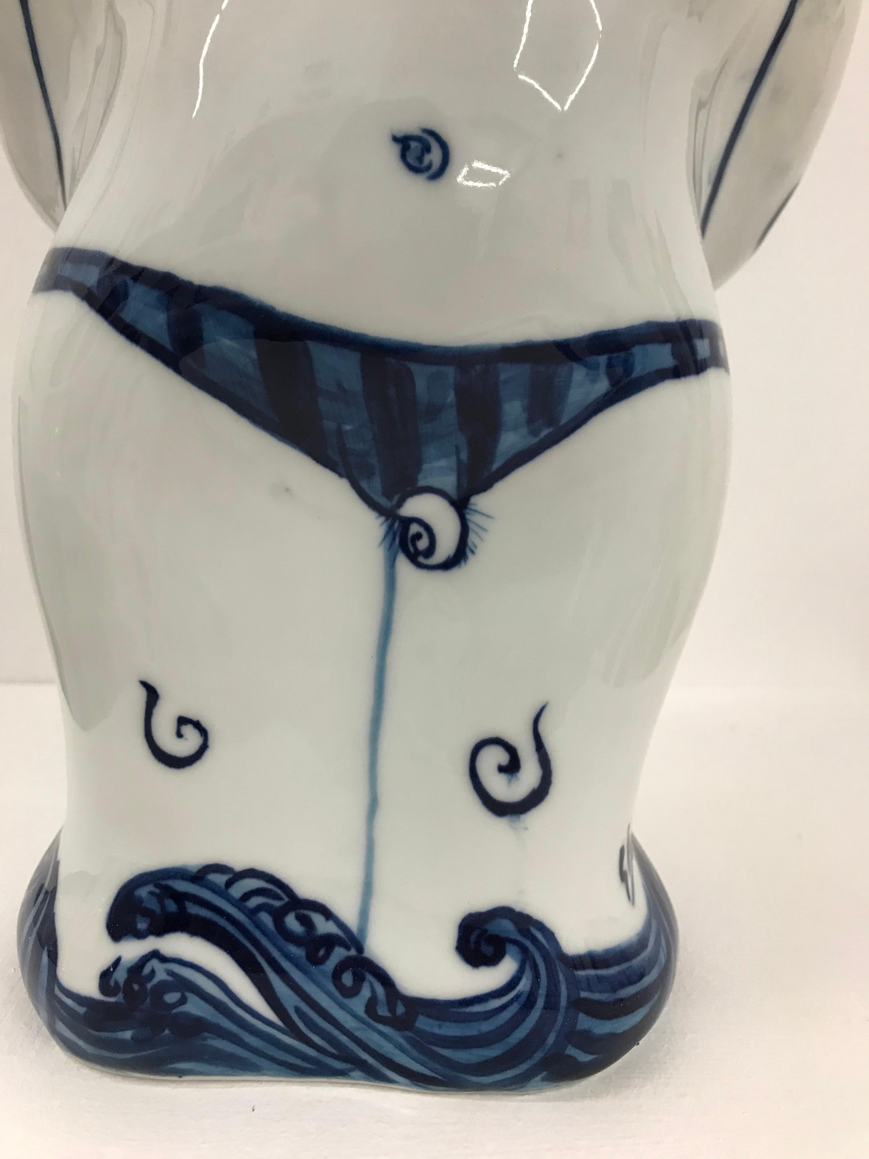 Pika-chan Swimmer - Contemporary, whimsical Japanese, blue and white porcelain - Beige Figurative Sculpture by Shin Koyama