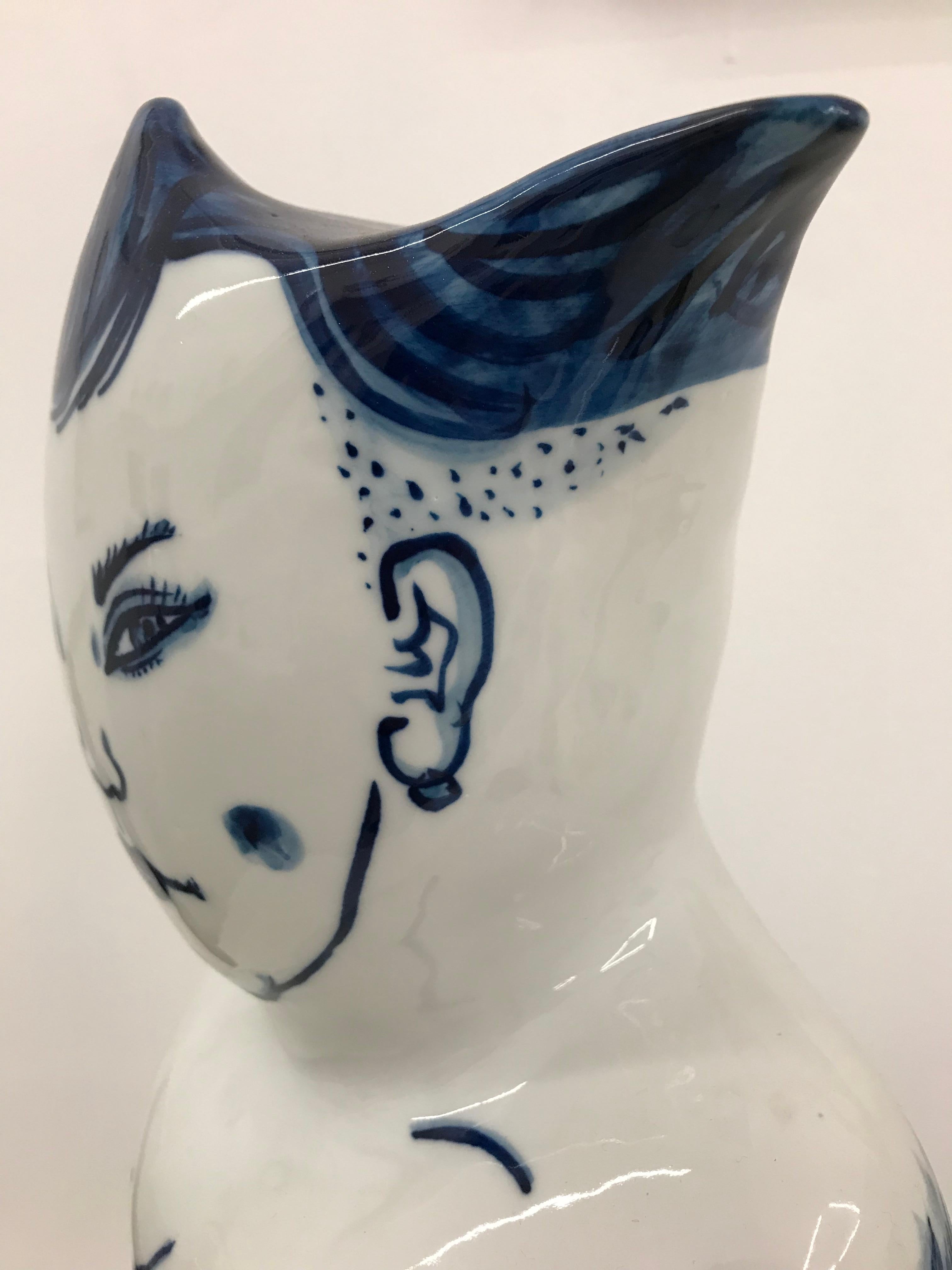 Pika-chan Swimmer - Contemporary, whimsical Japanese, blue and white porcelain.  Size: 6.3