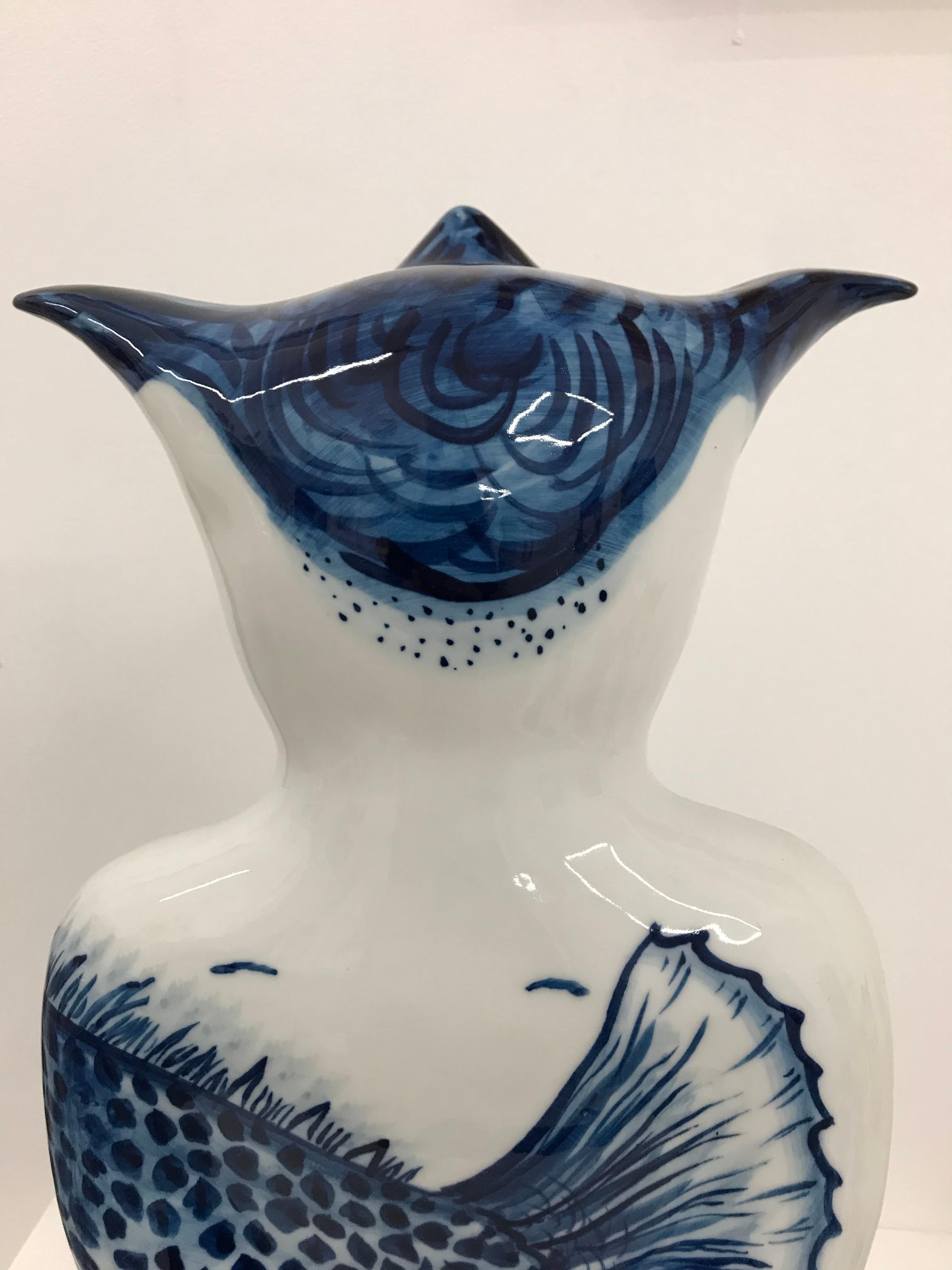 Pika-chan Swimmer - Contemporary, whimsical Japanese, blue and white porcelain 3