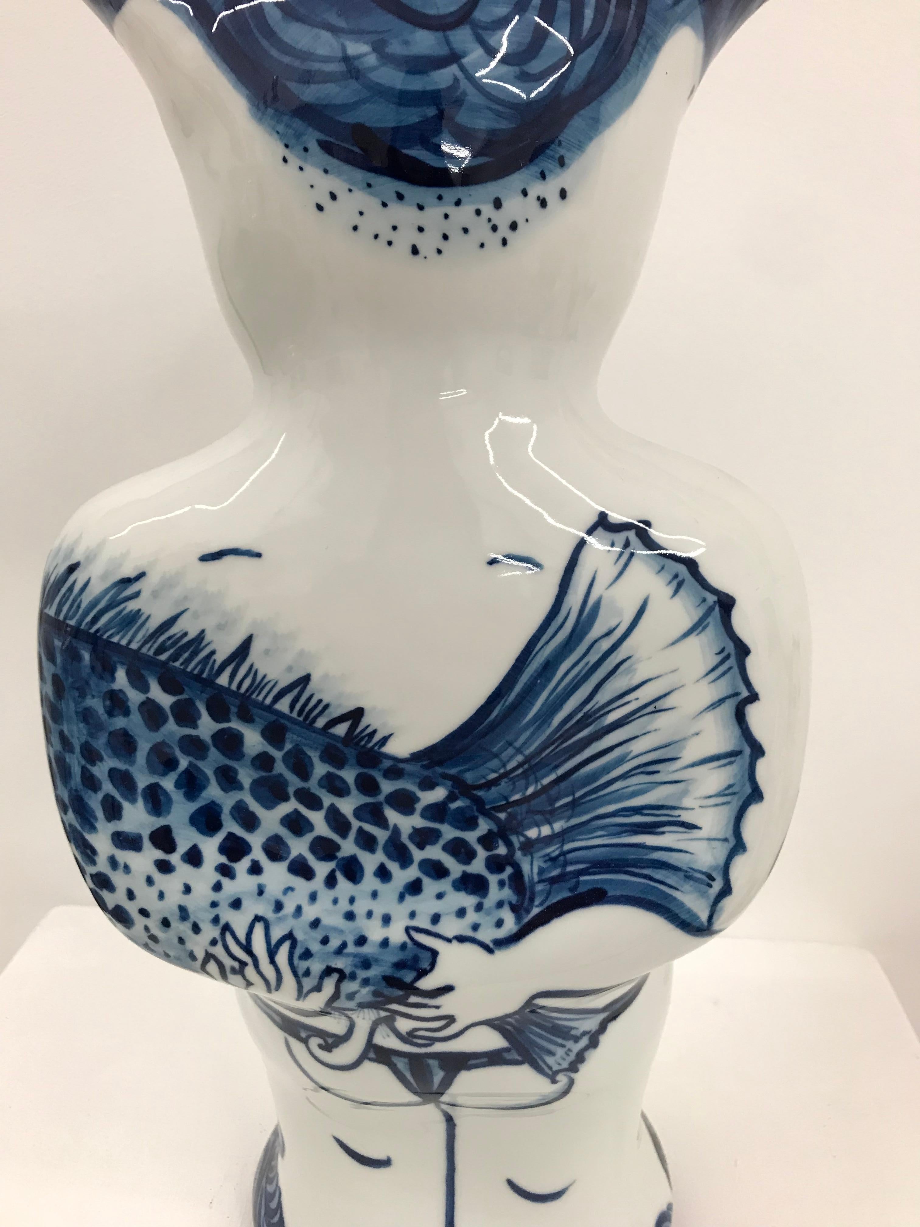 Pika-chan Swimmer - Contemporary, whimsical Japanese, blue and white porcelain 4