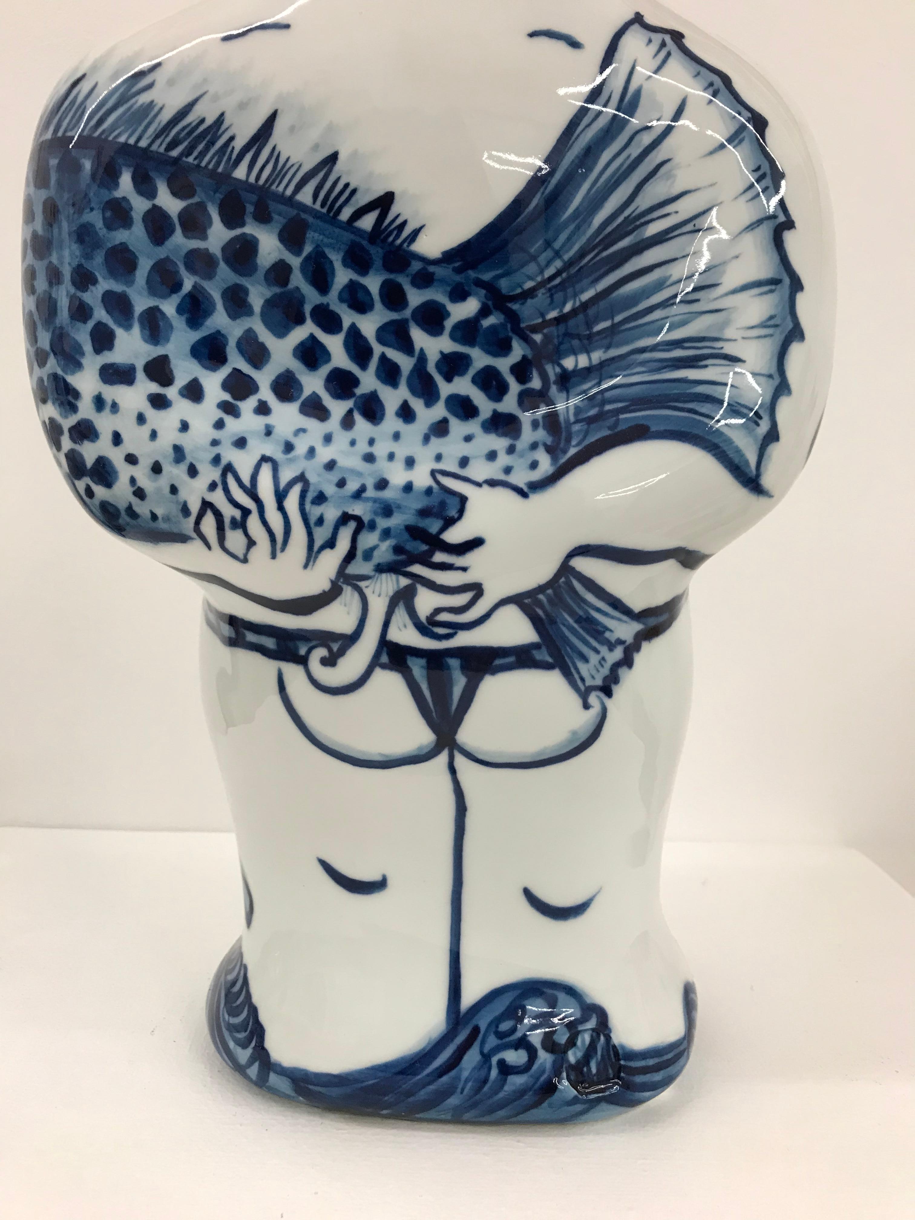 Pika-chan Swimmer - Contemporary, whimsical Japanese, blue and white porcelain 5